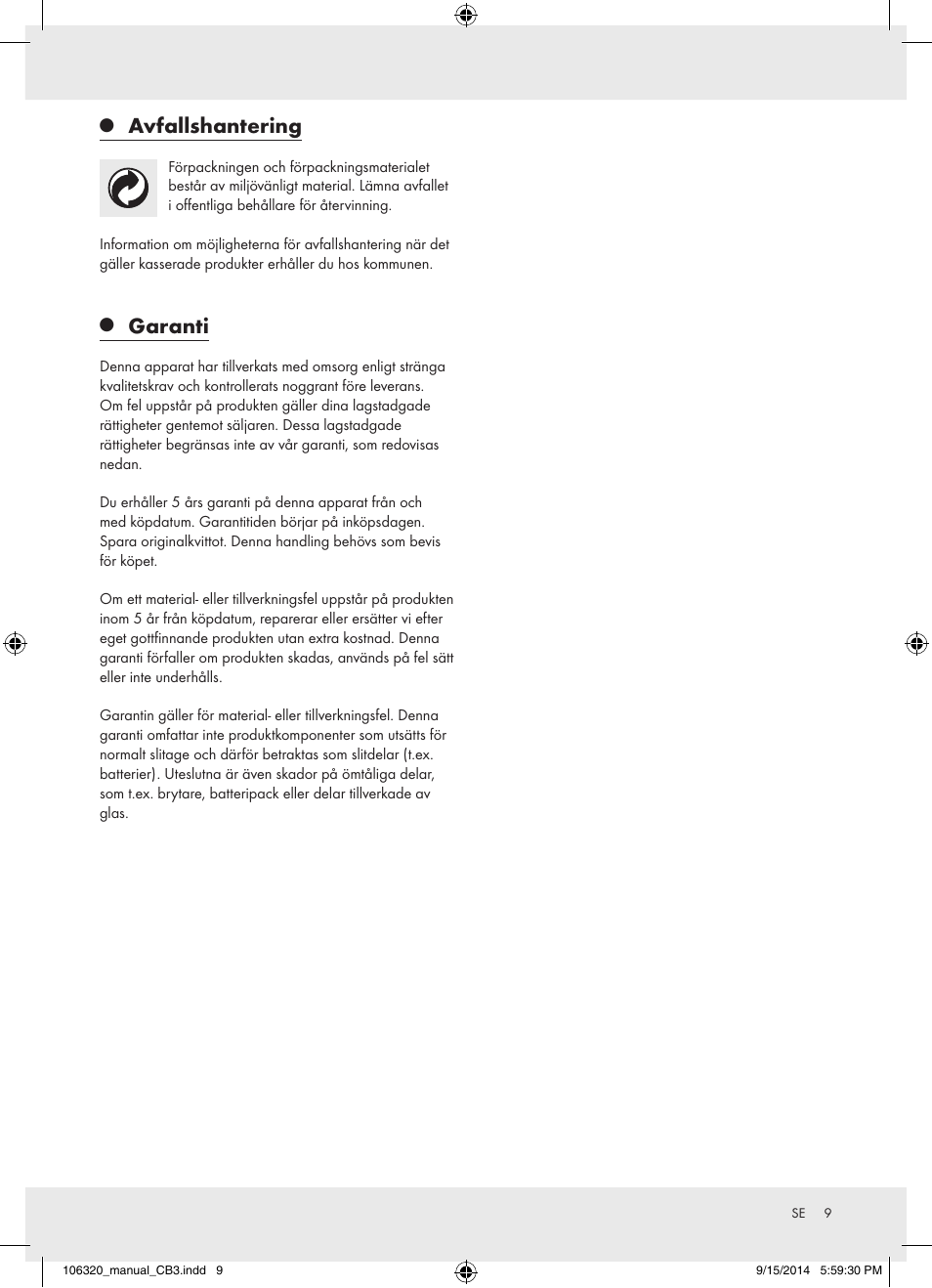 Avfallshantering, Garanti | Auriol 106320-14-01 User Manual | Page 9 / 18
