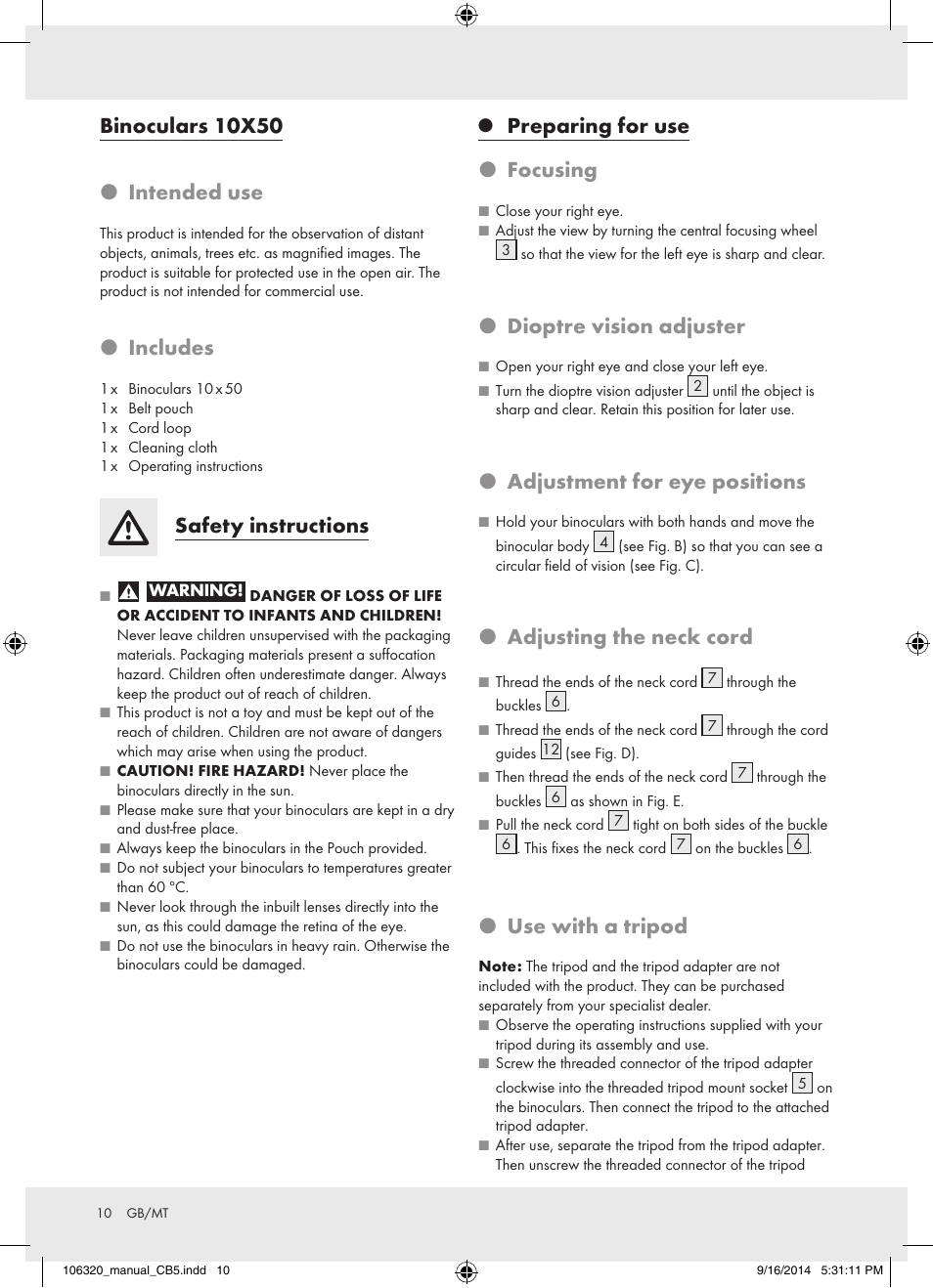Binoculars 10x50 p intended use, P includes, Safety instructions | Preparing for use p focusing, P dioptre vision adjuster, P adjustment for eye positions, P adjusting the neck cord, P use with a tripod | Auriol 106320-14-01 User Manual | Page 10 / 14