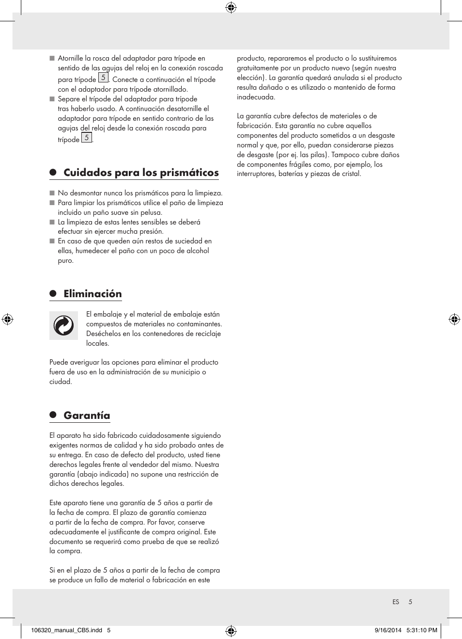 Cuidados para los prismáticos, Eliminación, Garantía | Auriol 106320-14-01 User Manual | Page 5 / 14