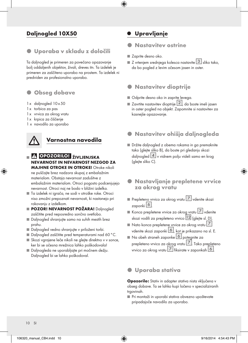 Daljnogled 10x50 p uporaba v skladu z določili, P obseg dobave, Varnostna navodila | Upravljanje p nastavitev ostrine, P nastavitev dioptrije, P nastavitev ohišja daljnogleda, P nastavljanje prepletene vrvice za okrog vratu, P uporaba stativa | Auriol 106320-14-01 User Manual | Page 10 / 18