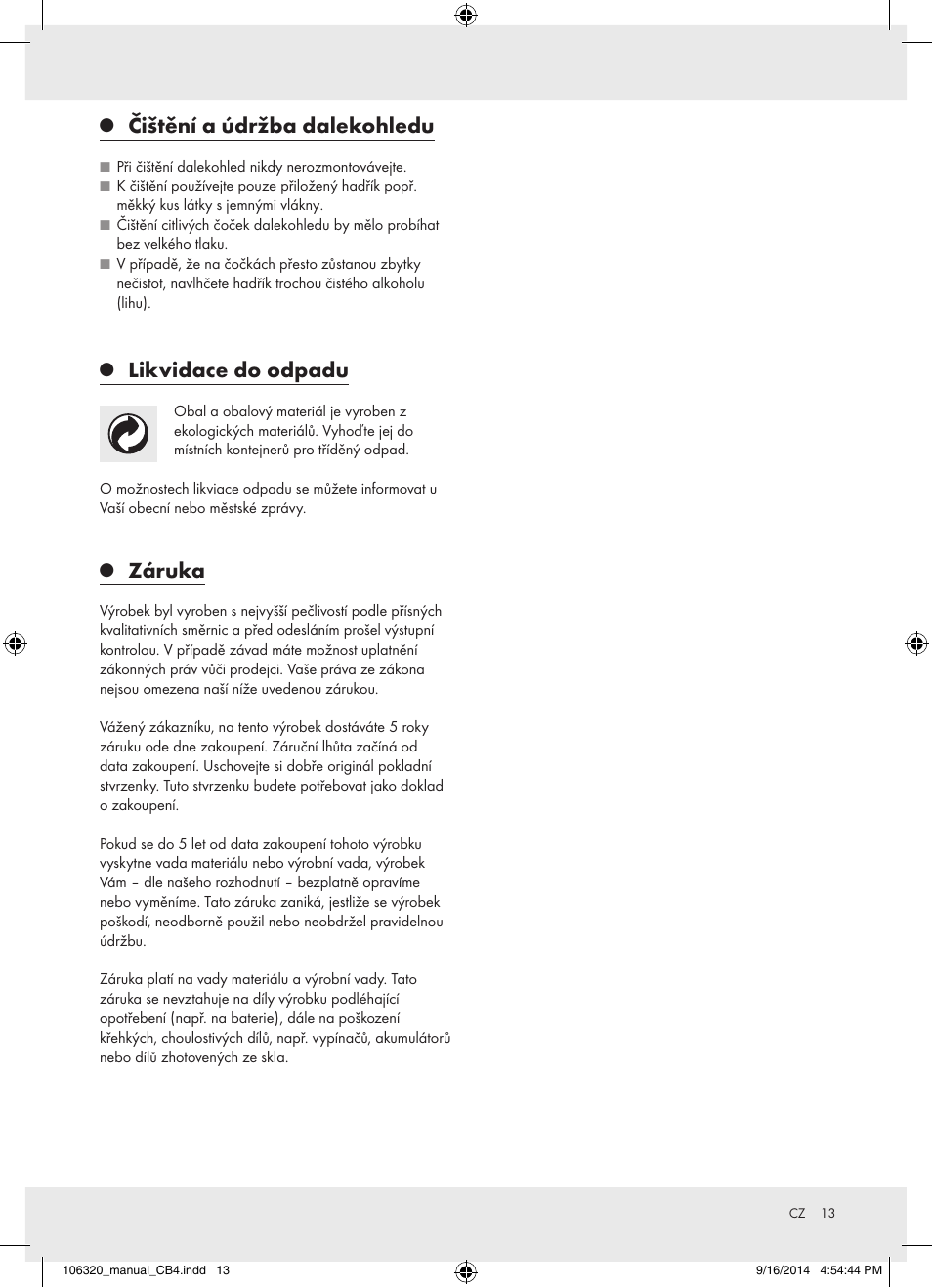 Čištění a údržba dalekohledu, Likvidace do odpadu, Záruka | Auriol 106320-14-01 User Manual | Page 13 / 18