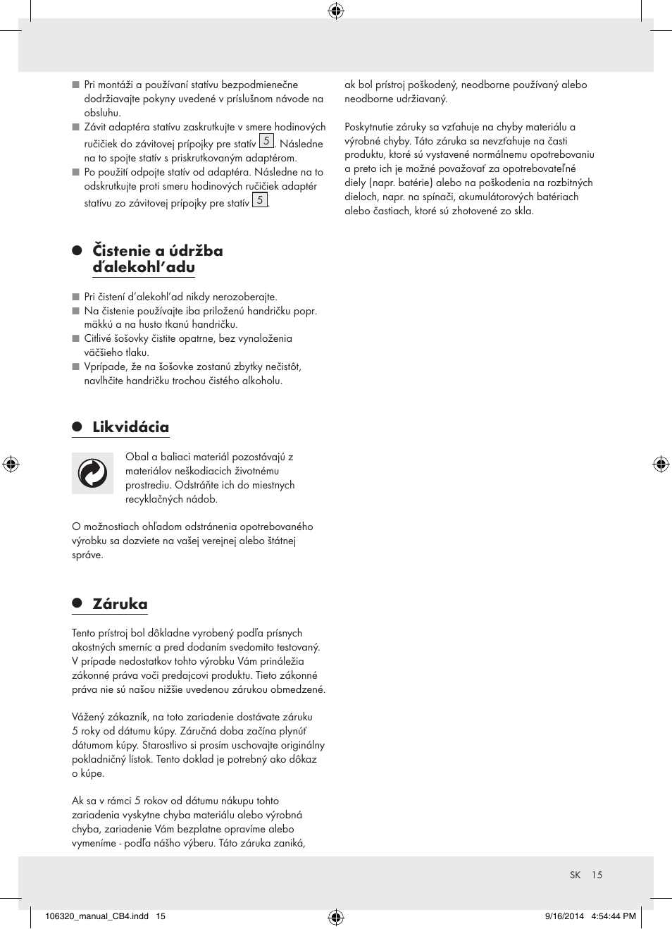 Čistenie a údržba ďalekohl’adu, Likvidácia, Záruka | Auriol 106320-14-01 User Manual | Page 15 / 18