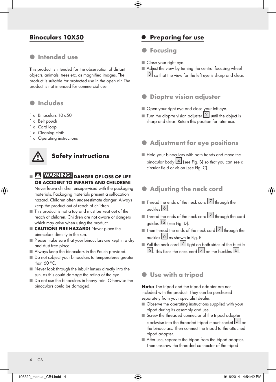 Binoculars 10x50 p intended use, P includes, Safety instructions | Preparing for use p focusing, P dioptre vision adjuster, P adjustment for eye positions, P adjusting the neck cord, P use with a tripod | Auriol 106320-14-01 User Manual | Page 4 / 18