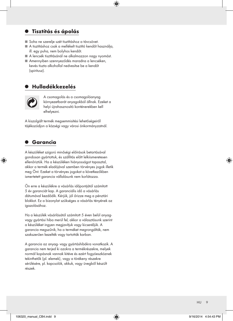 Tisztítás és ápolás, Hulladékkezelés, Garancia | Auriol 106320-14-01 User Manual | Page 9 / 18