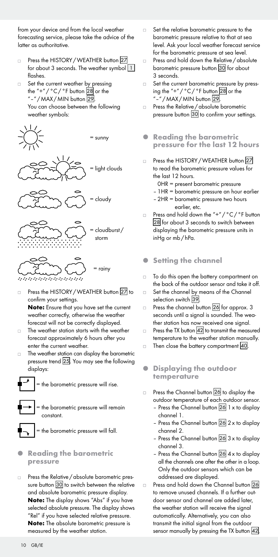 Reading the barometric pressure, Setting the channel, Displaying the outdoor temperature | Auriol Z31092 User Manual | Page 10 / 70