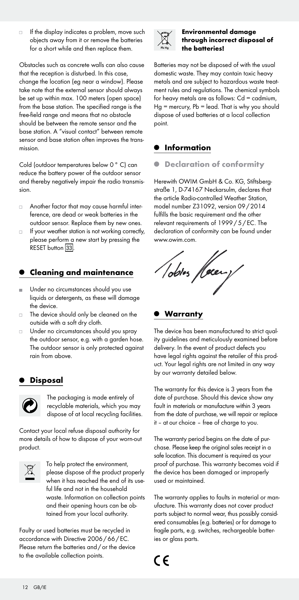 Cleaning and maintenance, Disposal, Information declaration of conformity | Warranty | Auriol Z31092 User Manual | Page 12 / 70