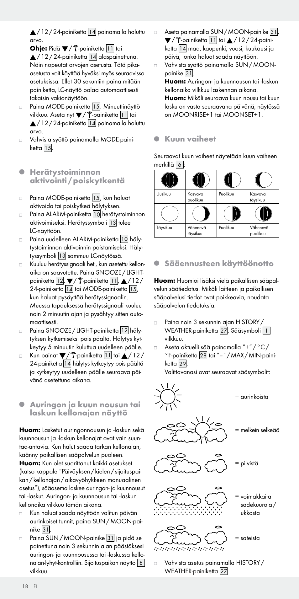 Herätystoiminnon aktivointi / poiskytkentä, Kuun vaiheet, Sääennusteen käyttöönotto | Auriol Z31092 User Manual | Page 18 / 70