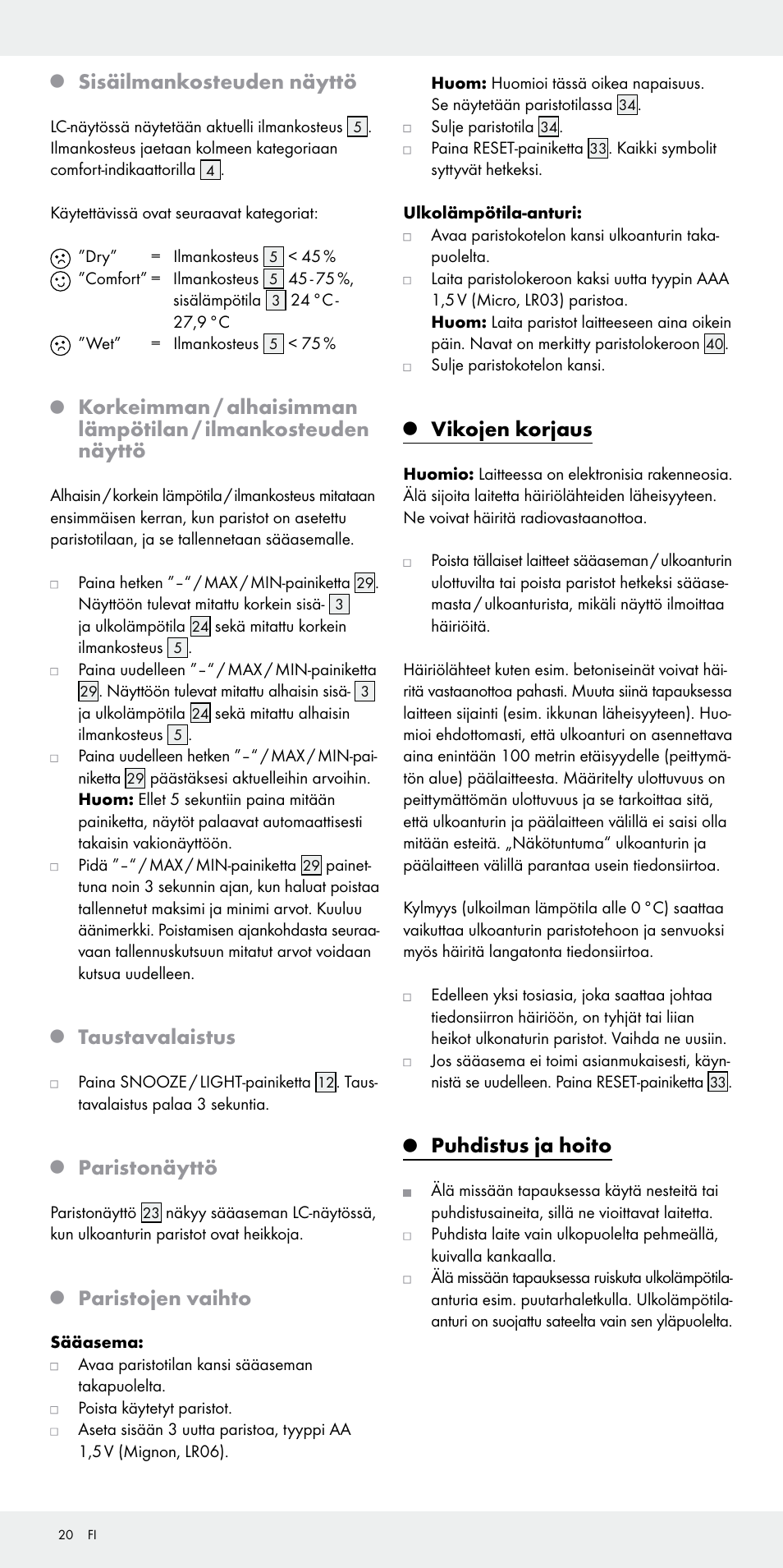 Sisäilmankosteuden näyttö, Taustavalaistus, Paristonäyttö | Paristojen vaihto, Vikojen korjaus, Puhdistus ja hoito | Auriol Z31092 User Manual | Page 20 / 70