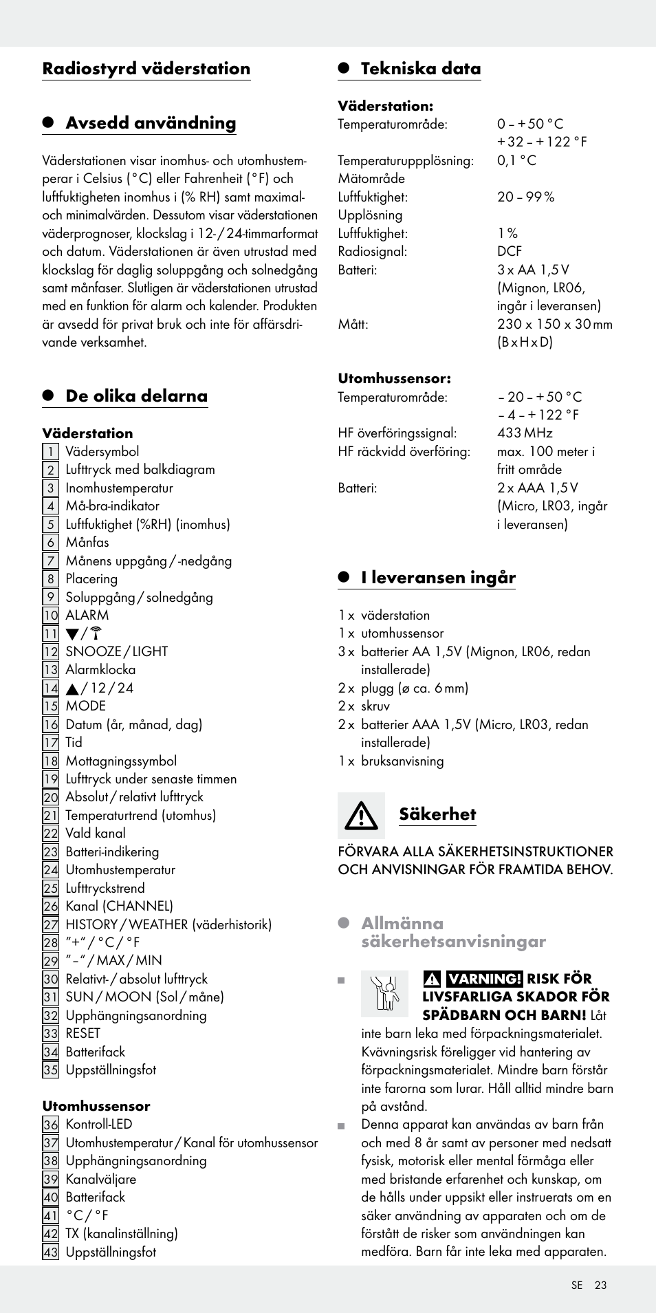 Radiostyrd väderstation, Avsedd användning, De olika delarna | Tekniska data, I leveransen ingår, Säkerhet, Allmänna säkerhetsanvisningar | Auriol Z31092 User Manual | Page 23 / 70