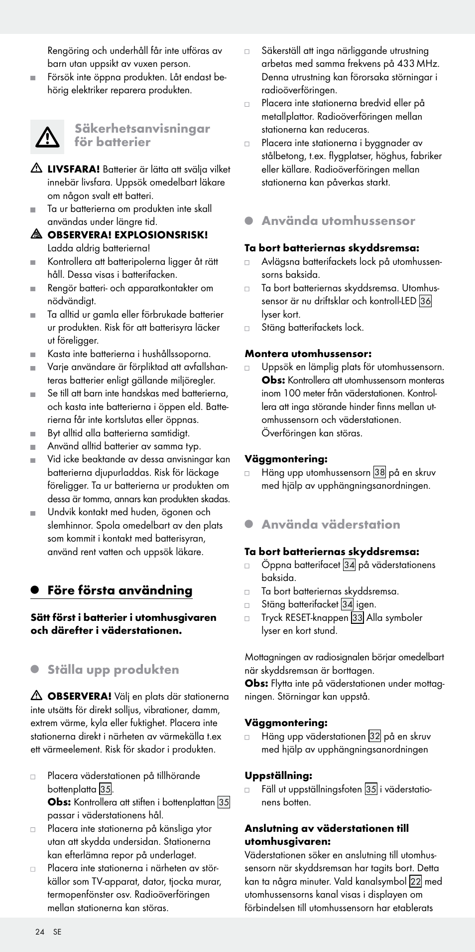 Säkerhetsanvisningar för batterier, Före första användning, Ställa upp produkten | Använda utomhussensor, Använda väderstation | Auriol Z31092 User Manual | Page 24 / 70