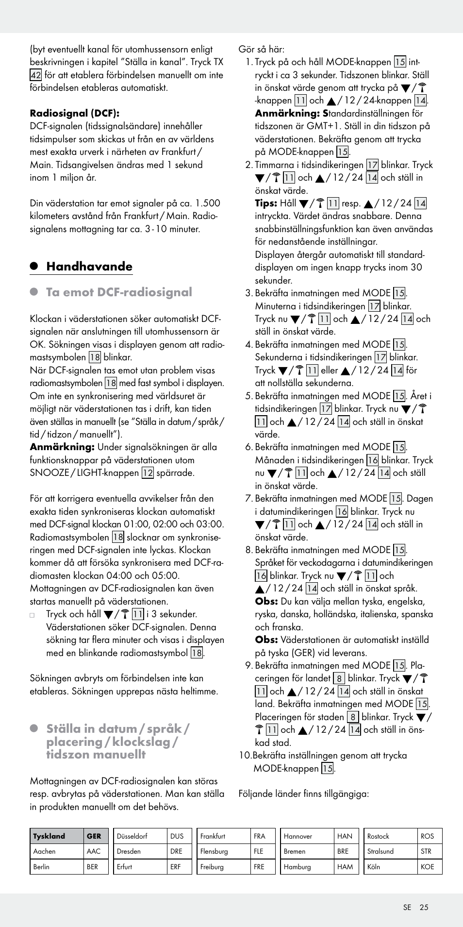 Handhavande, Ta emot dcf-radiosignal | Auriol Z31092 User Manual | Page 25 / 70