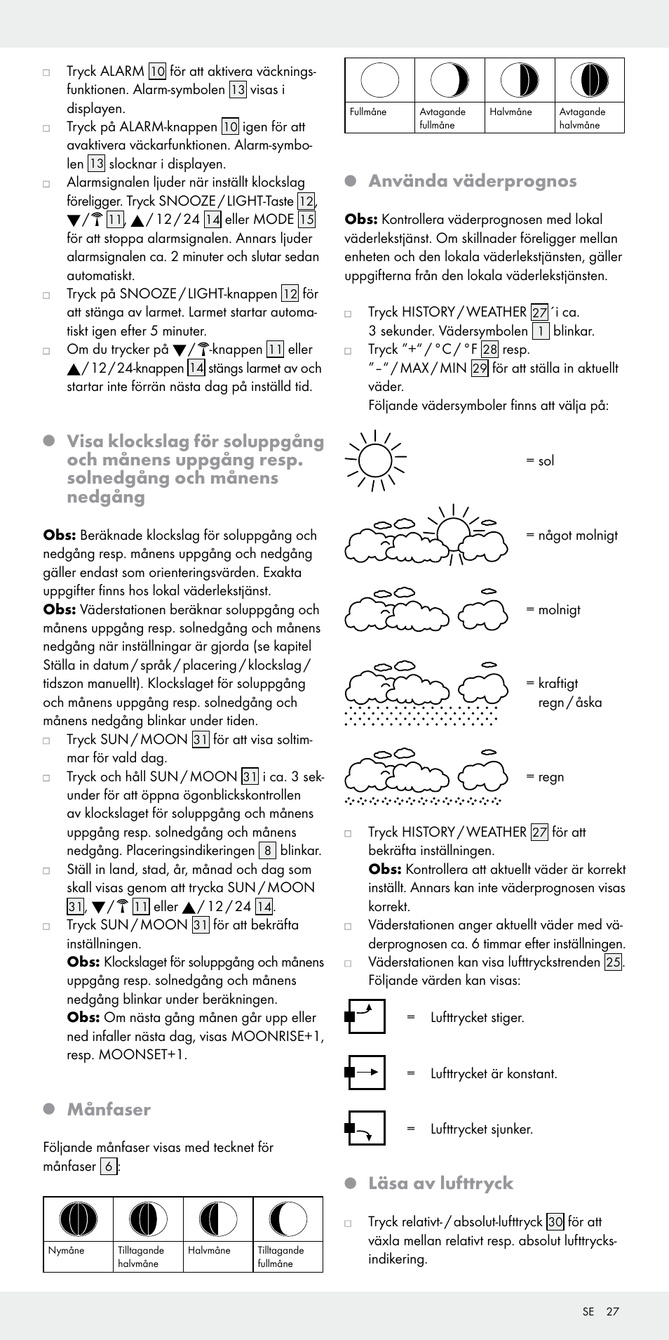 Månfaser, Använda väderprognos, Läsa av lufttryck | Auriol Z31092 User Manual | Page 27 / 70