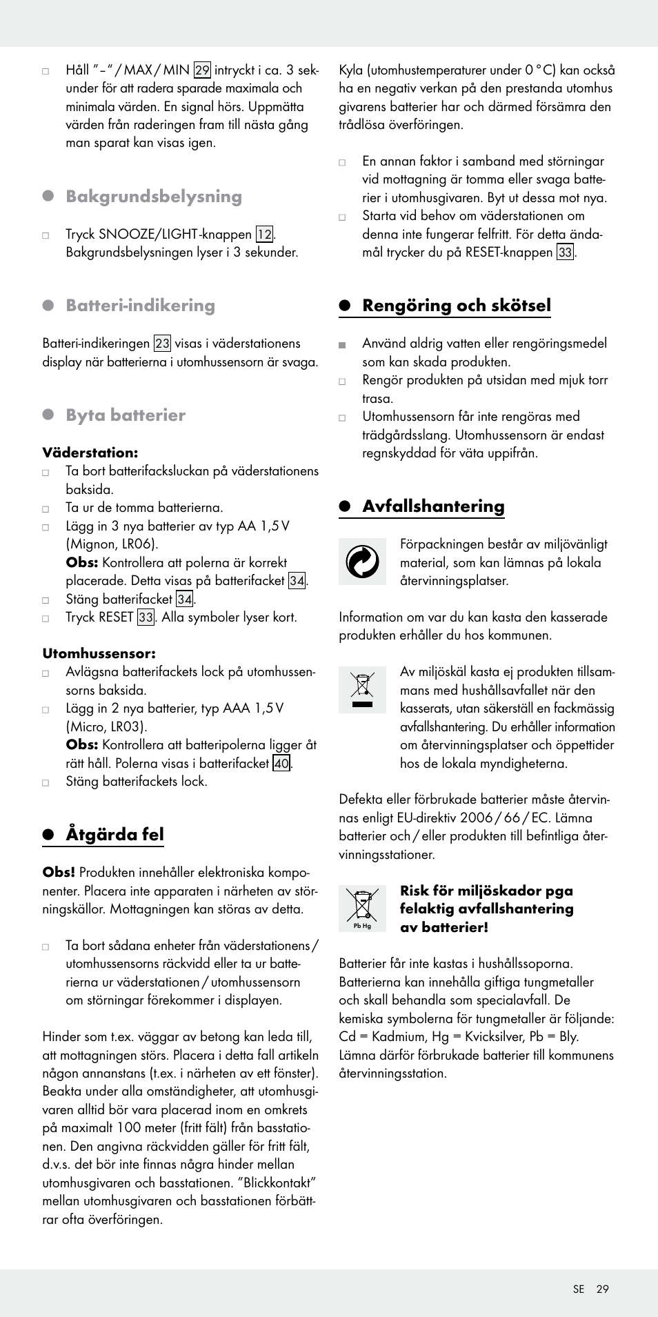 Bakgrundsbelysning, Batteri-indikering, Byta batterier | Åtgärda fel, Rengöring och skötsel, Avfallshantering | Auriol Z31092 User Manual | Page 29 / 70