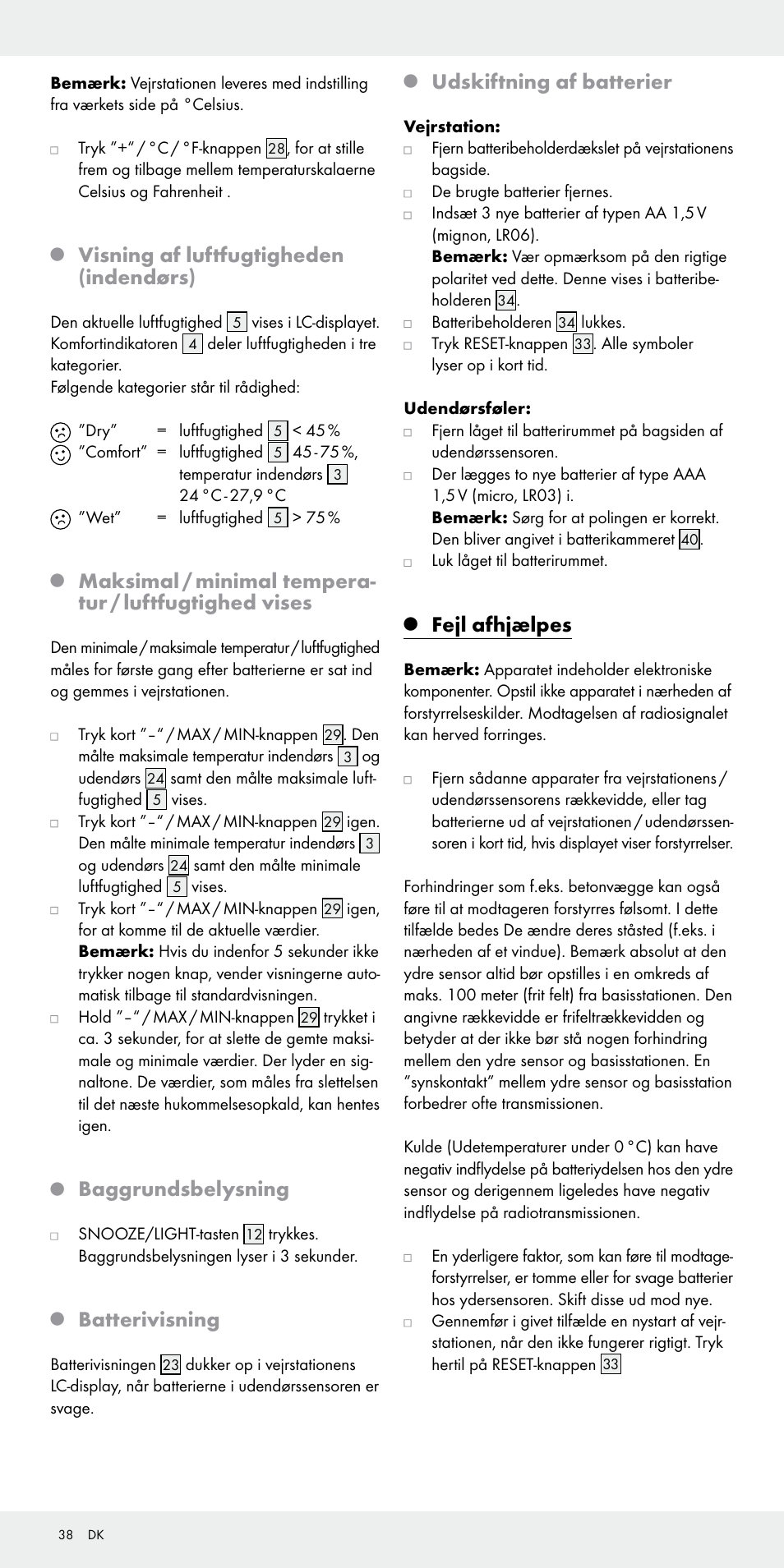 Visning af luftfugtigheden (indendørs), Baggrundsbelysning, Batterivisning | Udskiftning af batterier, Fejl afhjælpes | Auriol Z31092 User Manual | Page 38 / 70