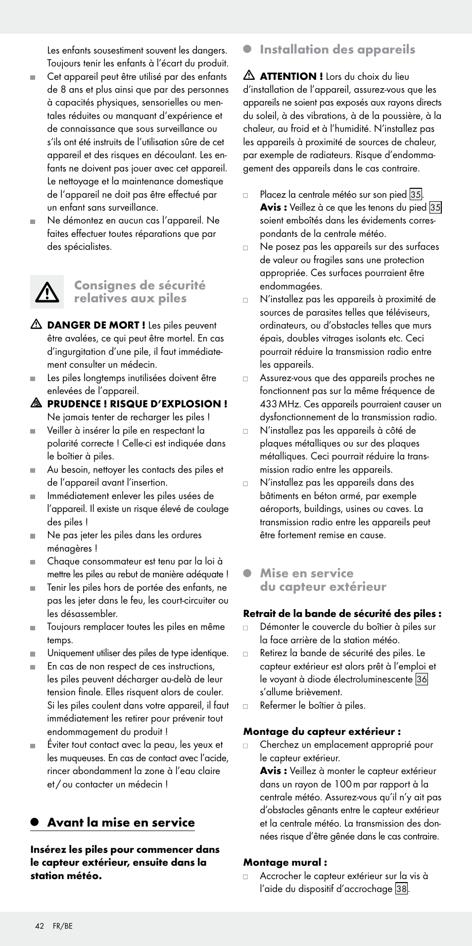 Consignes de sécurité relatives aux piles, Avant la mise en service, Installation des appareils | Mise en service du capteur extérieur | Auriol Z31092 User Manual | Page 42 / 70