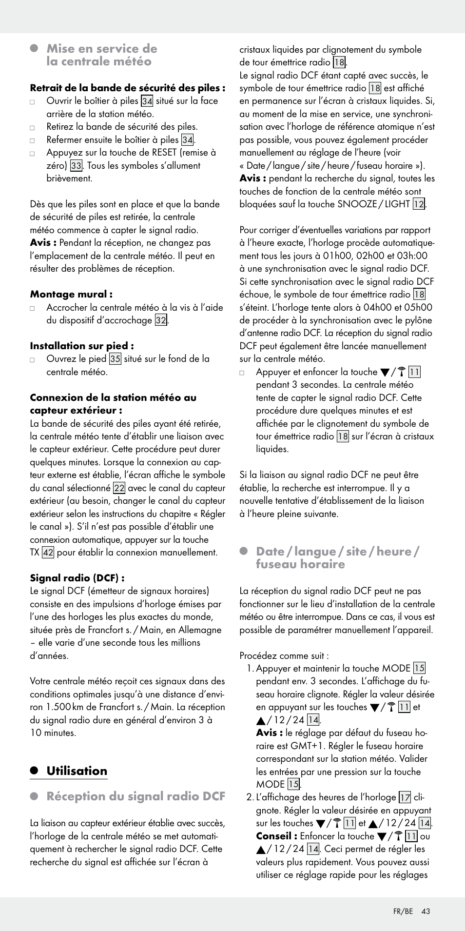 Mise en service de la centrale météo, Utilisation, Réception du signal radio dcf | Date / langue / site / heure / fuseau horaire | Auriol Z31092 User Manual | Page 43 / 70