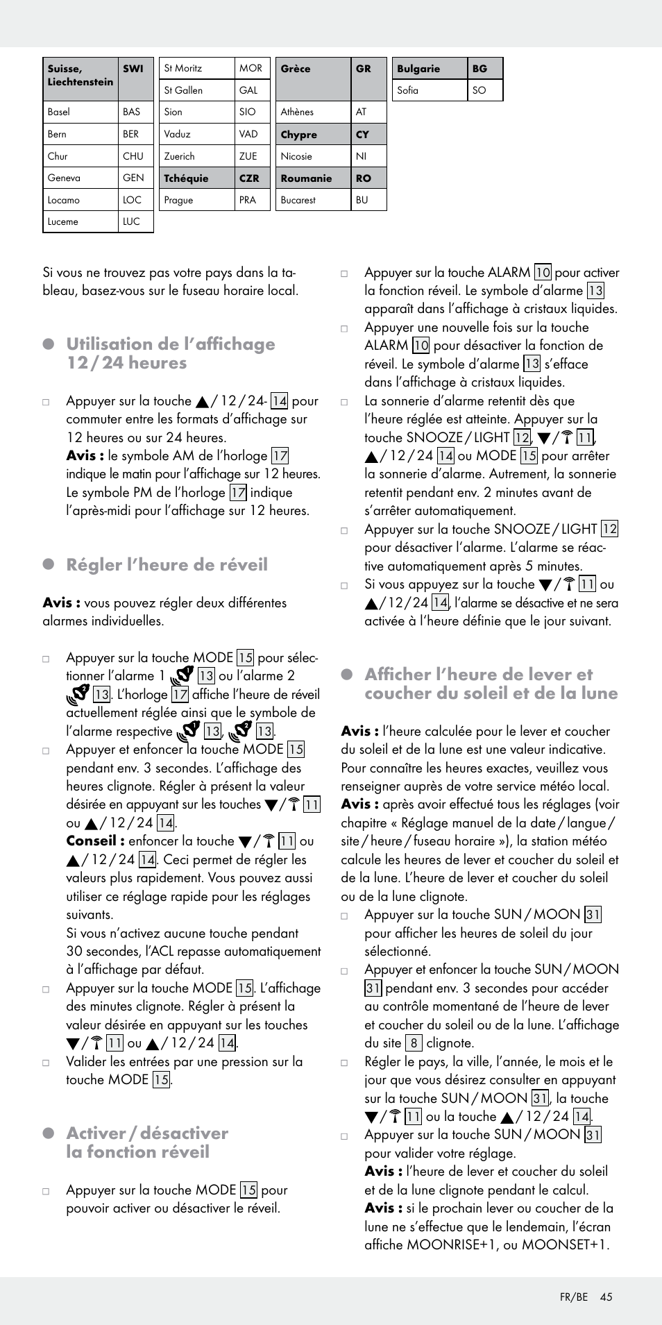 Utilisation de l’affichage 12 / 24 heures, Régler l’heure de réveil, Activer / désactiver la fonction réveil | Auriol Z31092 User Manual | Page 45 / 70