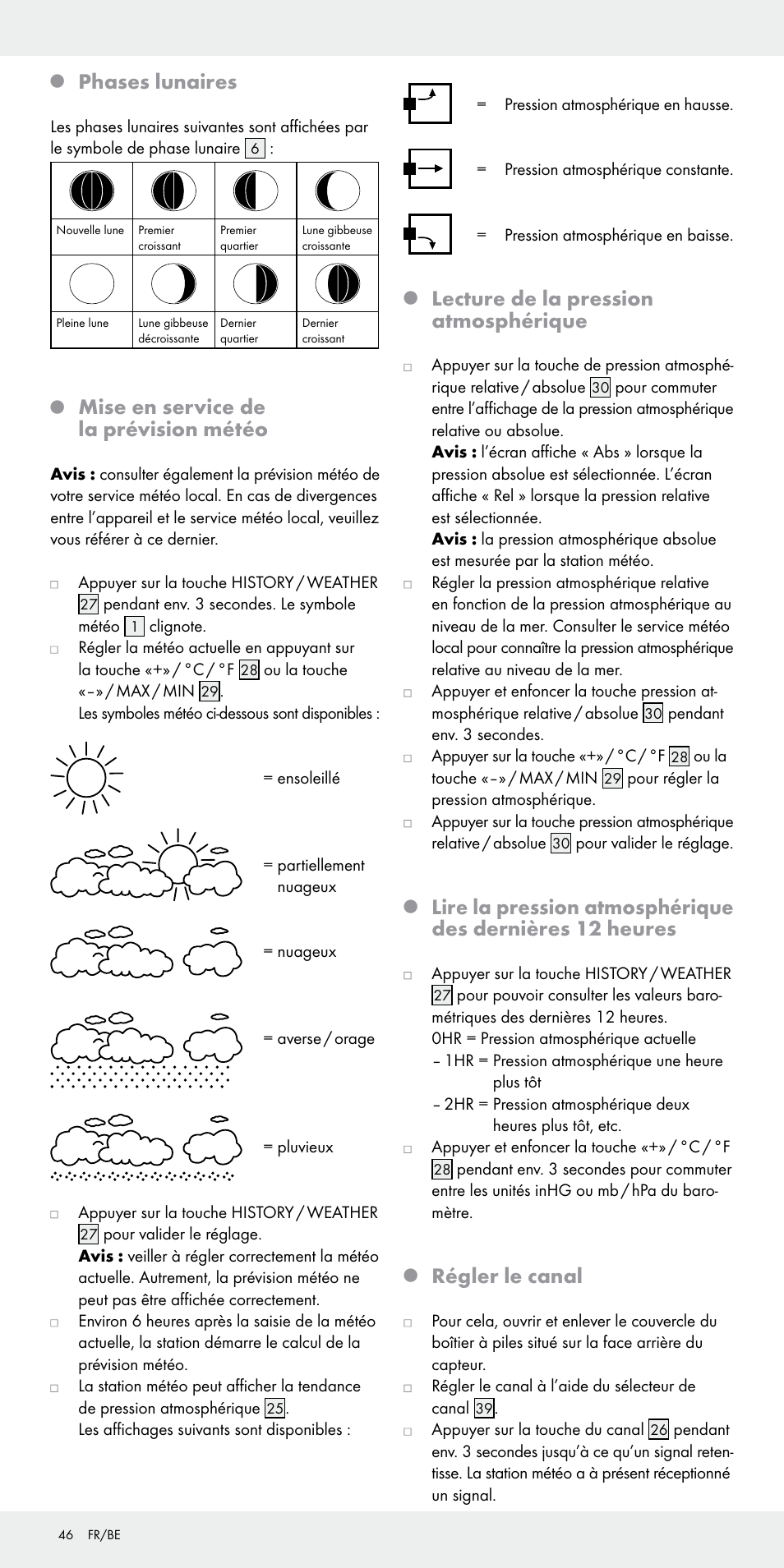 Phases lunaires, Mise en service de la prévision météo, Lecture de la pression atmosphérique | Régler le canal | Auriol Z31092 User Manual | Page 46 / 70