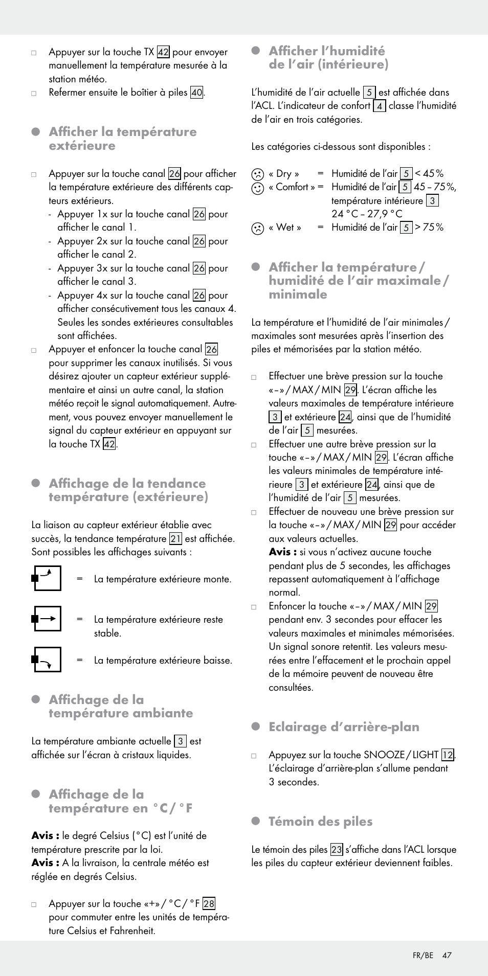 Afficher la température extérieure, Affichage de la tendance température (extérieure), Affichage de la température ambiante | Affichage de la température en °c / °f, Afficher l’humidité de l’air (intérieure), Eclairage d’arrière-plan, Témoin des piles | Auriol Z31092 User Manual | Page 47 / 70