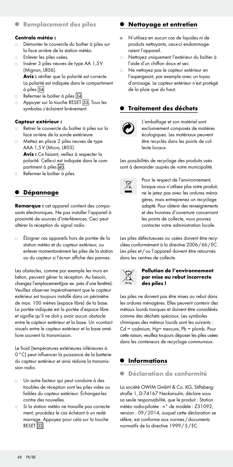Remplacement des piles, Dépannage, Nettoyage et entretien | Traitement des déchets, Informations, Déclaration de conformité | Auriol Z31092 User Manual | Page 48 / 70