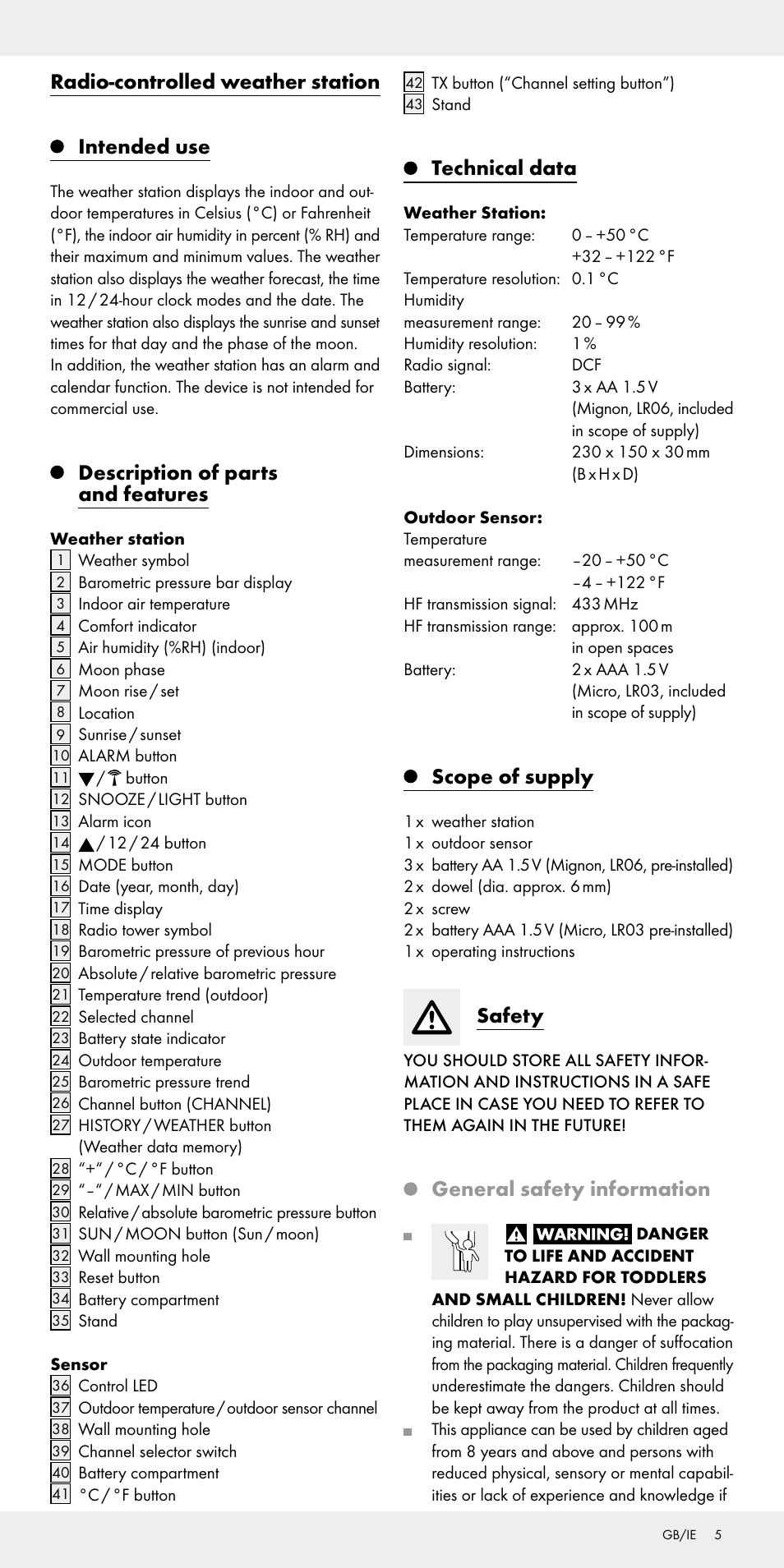 Radio-controlled weather station intended use, Description of parts and features, Technical data | Scope of supply, Safety, General safety information | Auriol Z31092 User Manual | Page 5 / 70