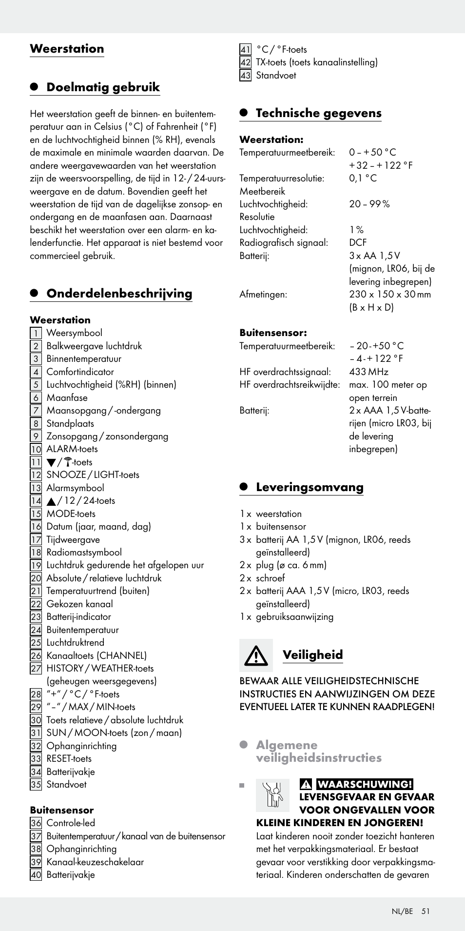 Weerstation, Doelmatig gebruik, Onderdelenbeschrijving | Technische gegevens, Leveringsomvang, Veiligheid, Algemene veiligheidsinstructies | Auriol Z31092 User Manual | Page 51 / 70