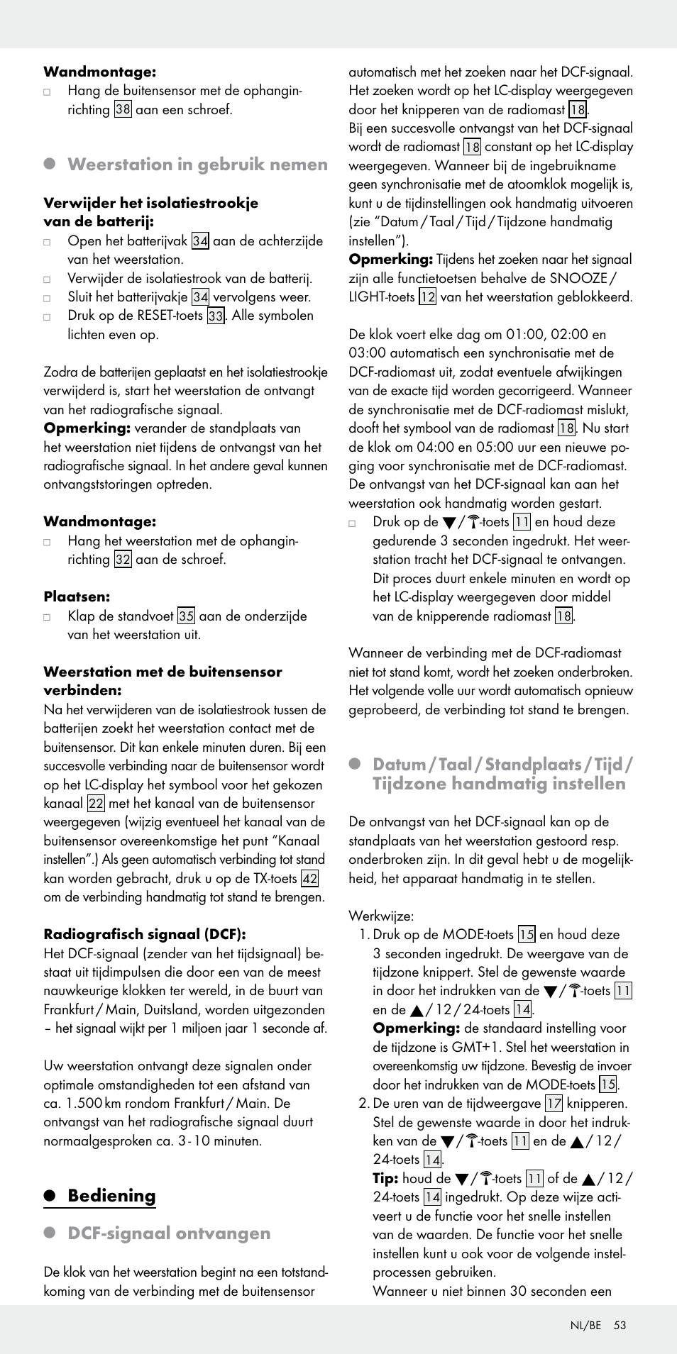 Weerstation in gebruik nemen, Bediening, Dcf-signaal ontvangen | Auriol Z31092 User Manual | Page 53 / 70