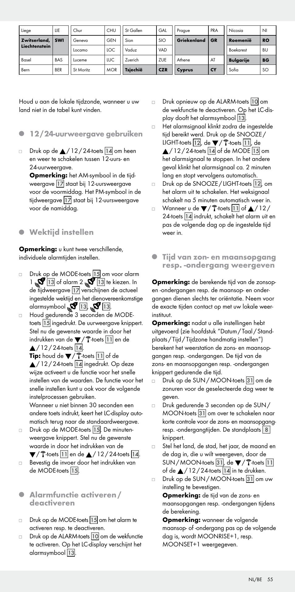 12 / 24-uurweergave gebruiken, Wektijd instellen, Alarmfunctie activeren / deactiveren | Auriol Z31092 User Manual | Page 55 / 70