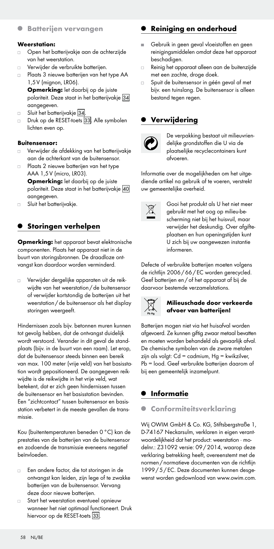 Batterijen vervangen, Storingen verhelpen, Reiniging en onderhoud | Verwijdering, Informatie, Conformiteitsverklaring | Auriol Z31092 User Manual | Page 58 / 70