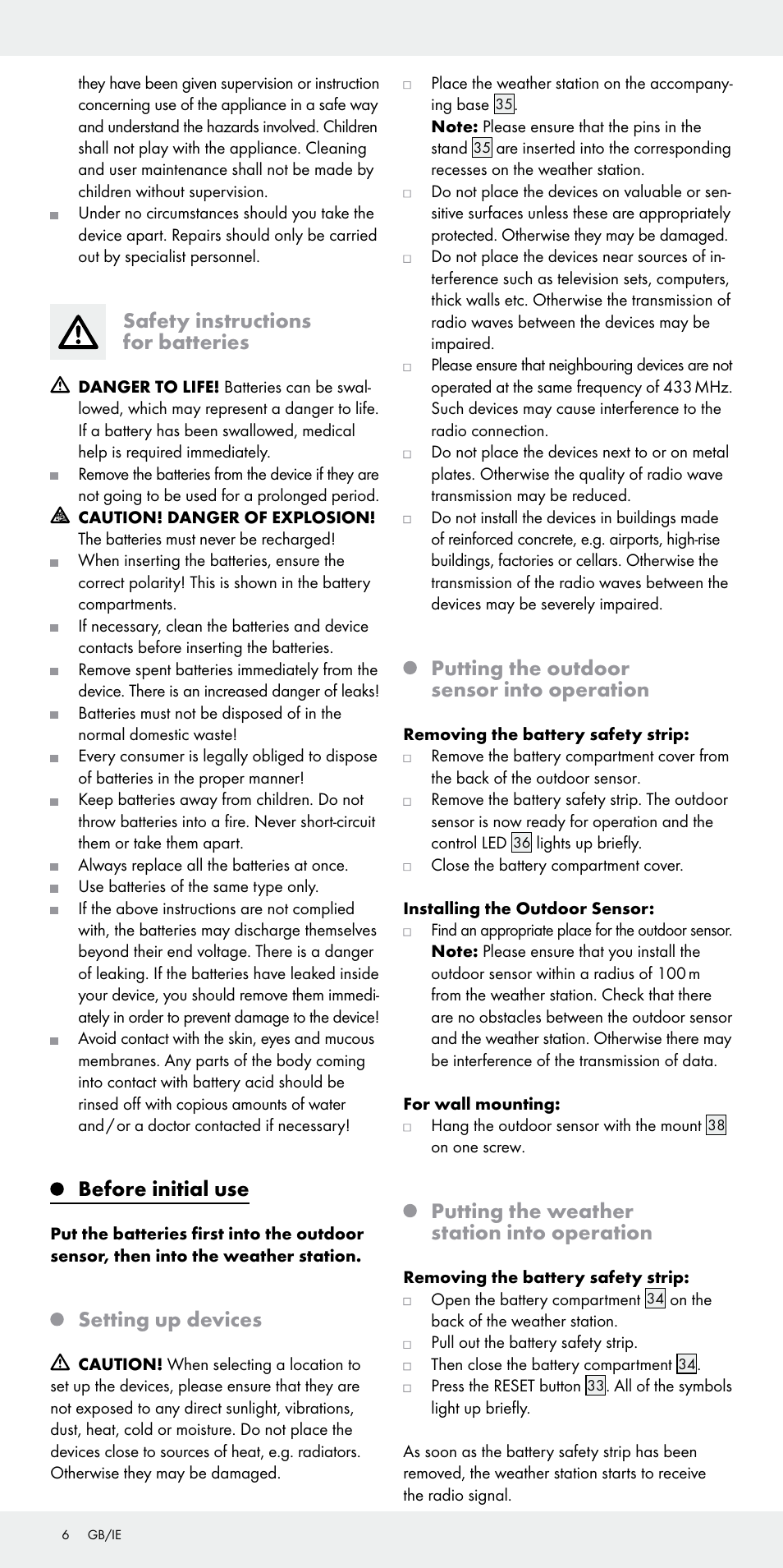 Safety instructions for batteries, Before initial use, Setting up devices | Putting the outdoor sensor into operation, Putting the weather station into operation | Auriol Z31092 User Manual | Page 6 / 70