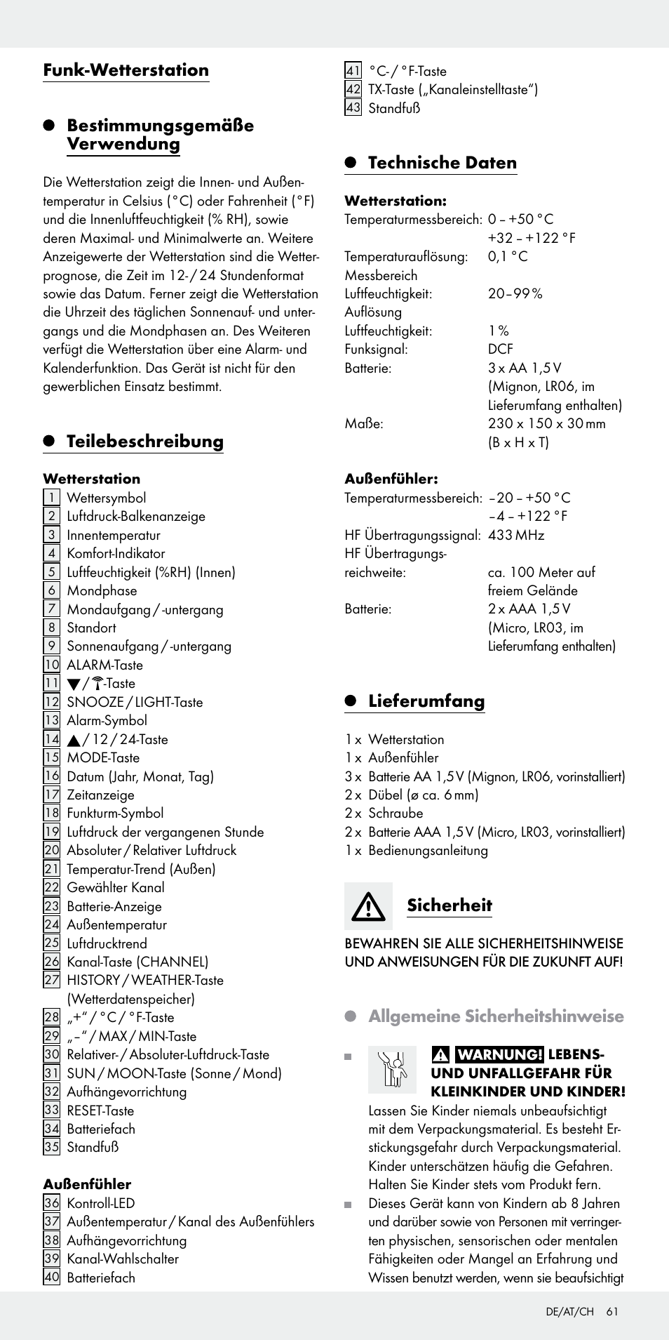 Funk-wetterstation bestimmungsgemäße verwendung, Teilebeschreibung, Technische daten | Lieferumfang, Sicherheit, Allgemeine sicherheitshinweise | Auriol Z31092 User Manual | Page 61 / 70