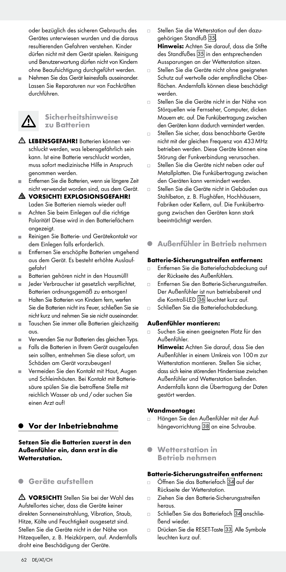 Sicherheitshinweise zu batterien, Vor der inbetriebnahme, Geräte aufstellen | Außenfühler in betrieb nehmen, Wetterstation in betrieb nehmen | Auriol Z31092 User Manual | Page 62 / 70