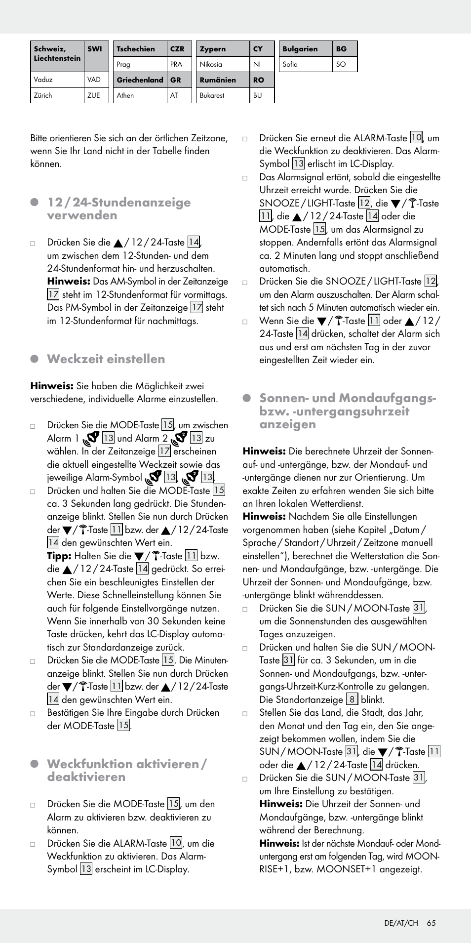 12 / 24-stundenanzeige verwenden, Weckzeit einstellen, Weckfunktion aktivieren / deaktivieren | Auriol Z31092 User Manual | Page 65 / 70