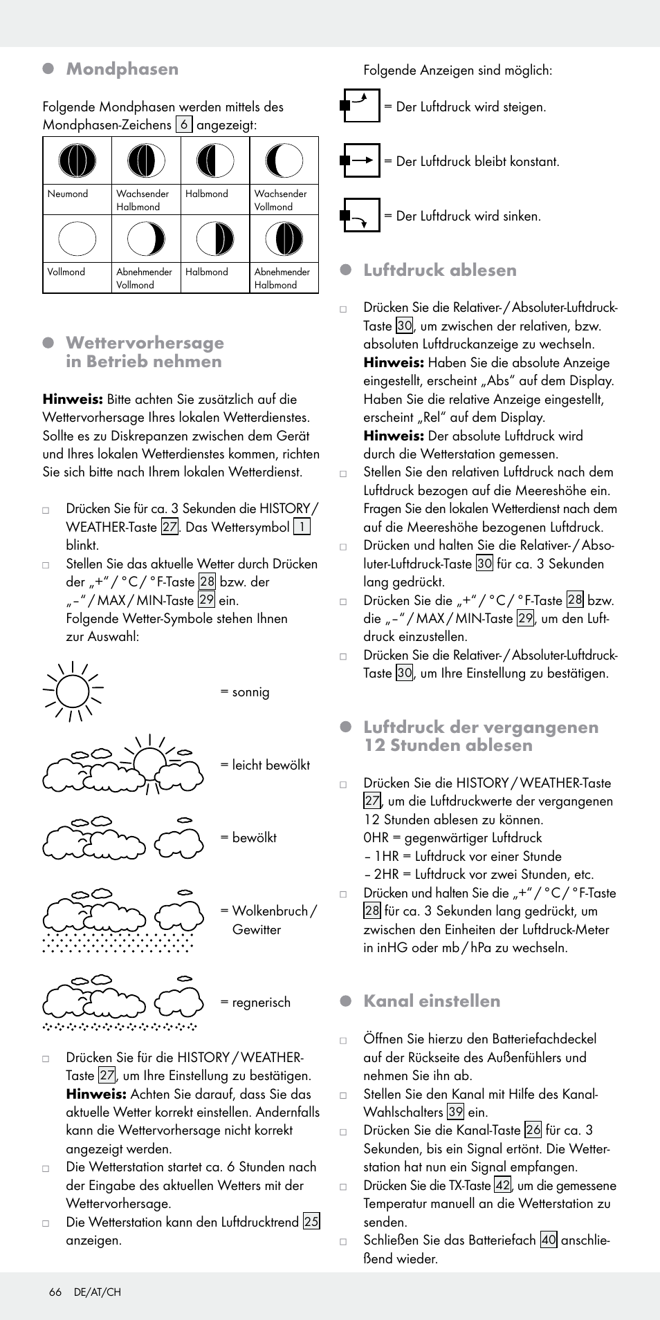 Mondphasen, Wettervorhersage in betrieb nehmen, Luftdruck ablesen | Luftdruck der vergangenen 12 stunden ablesen, Kanal einstellen | Auriol Z31092 User Manual | Page 66 / 70