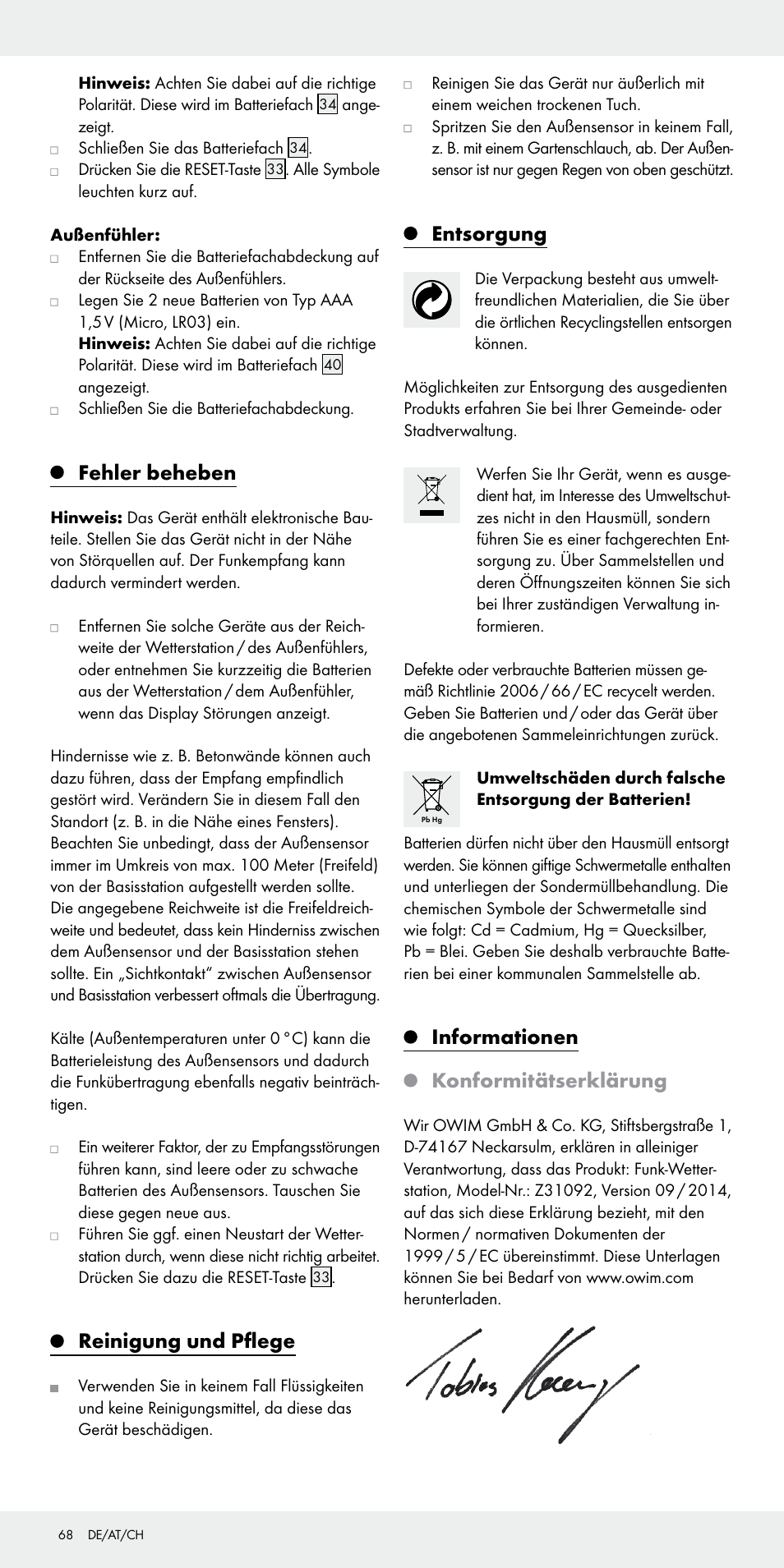 Fehler beheben, Reinigung und pflege, Entsorgung | Informationen konformitätserklärung | Auriol Z31092 User Manual | Page 68 / 70