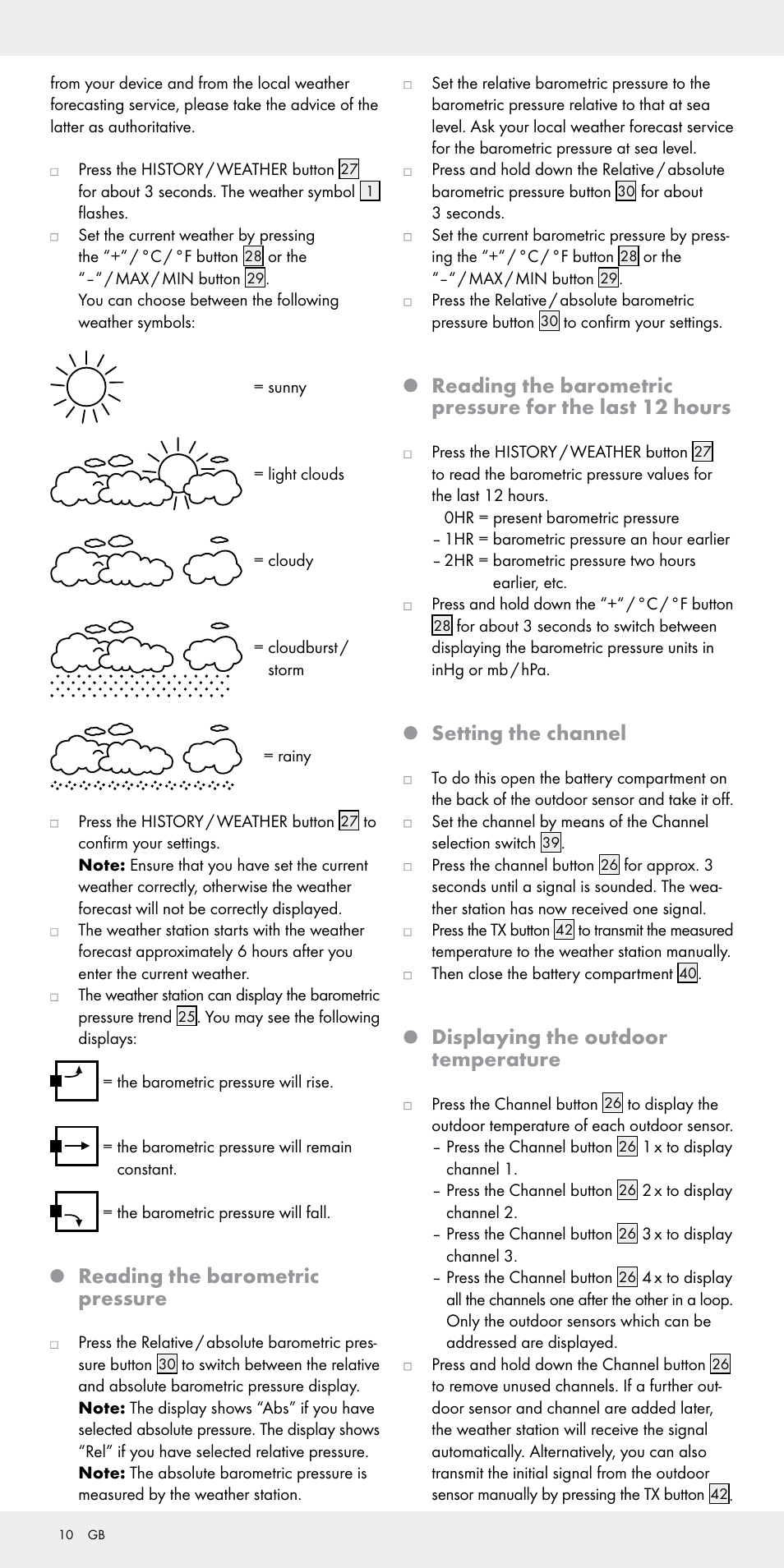 Reading the barometric pressure, Setting the channel, Displaying the outdoor temperature | Auriol Z31092 User Manual | Page 10 / 71