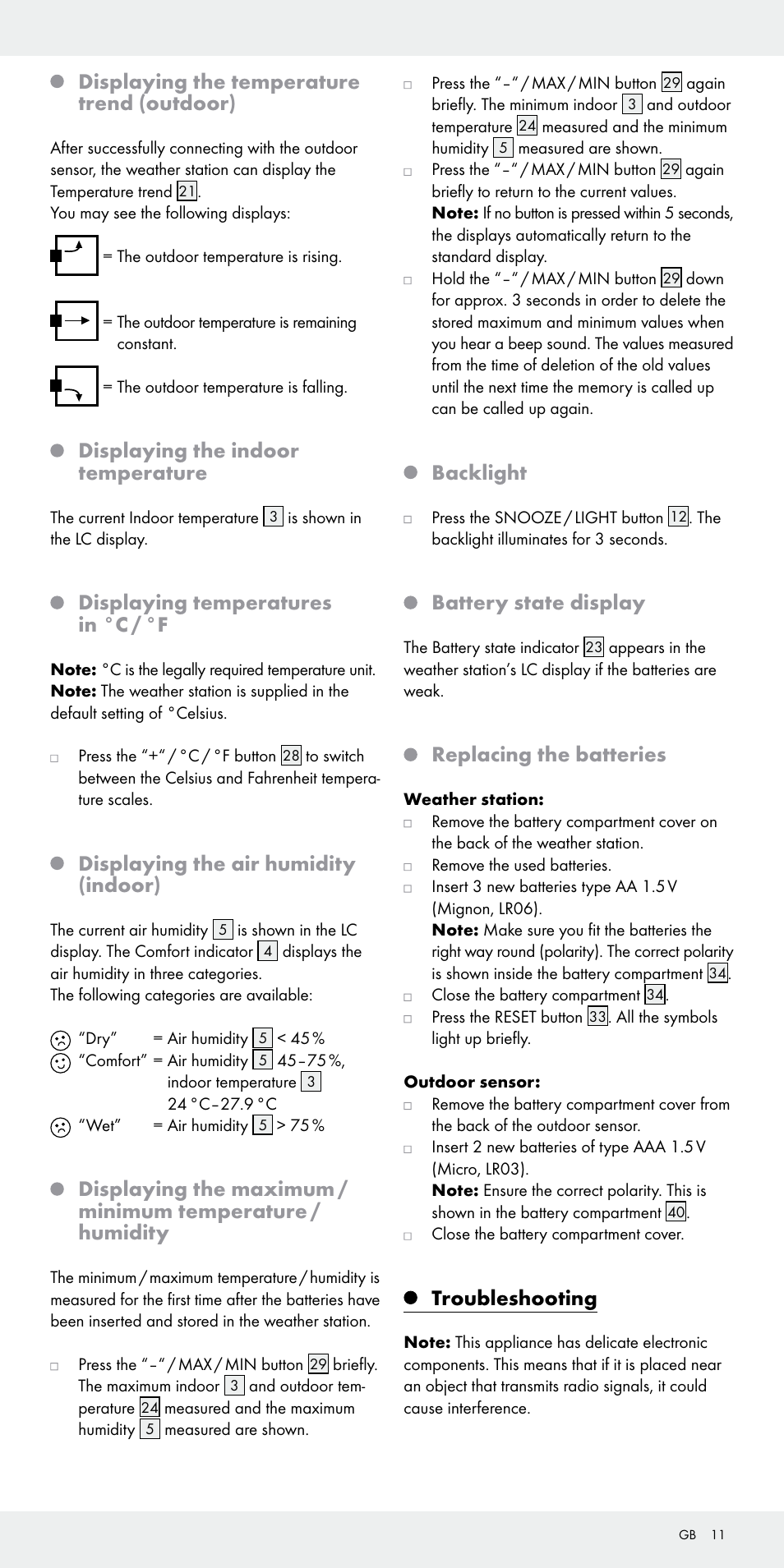 Displaying the temperature trend (outdoor), Displaying the indoor temperature, Displaying temperatures in °c / °f | Displaying the air humidity (indoor), Backlight, Battery state display, Replacing the batteries, Troubleshooting | Auriol Z31092 User Manual | Page 11 / 71
