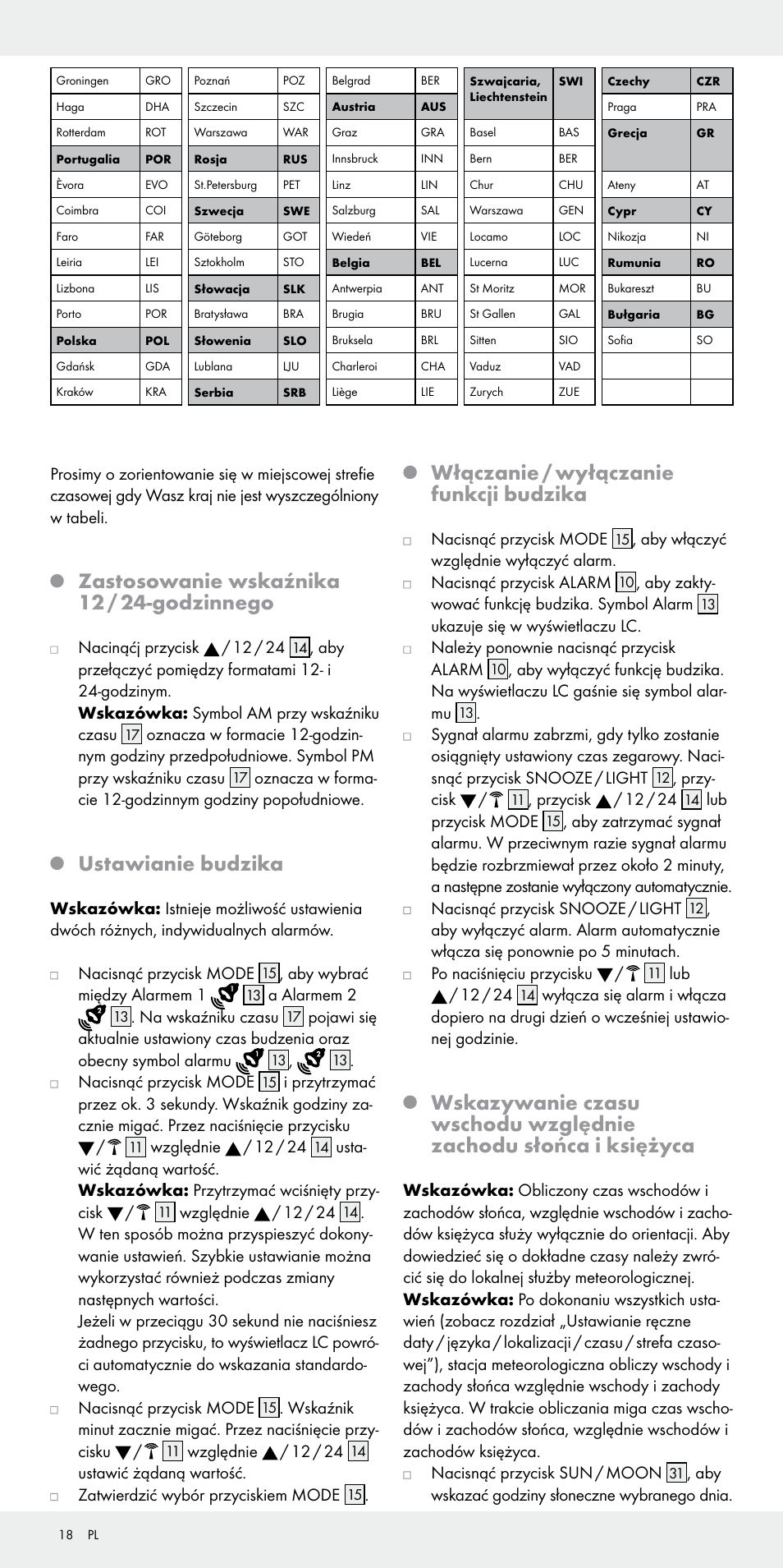 Zastosowanie wskaźnika 12 / 24-godzinnego, Ustawianie budzika, Włączanie / wyłączanie funkcji budzika | Auriol Z31092 User Manual | Page 18 / 71