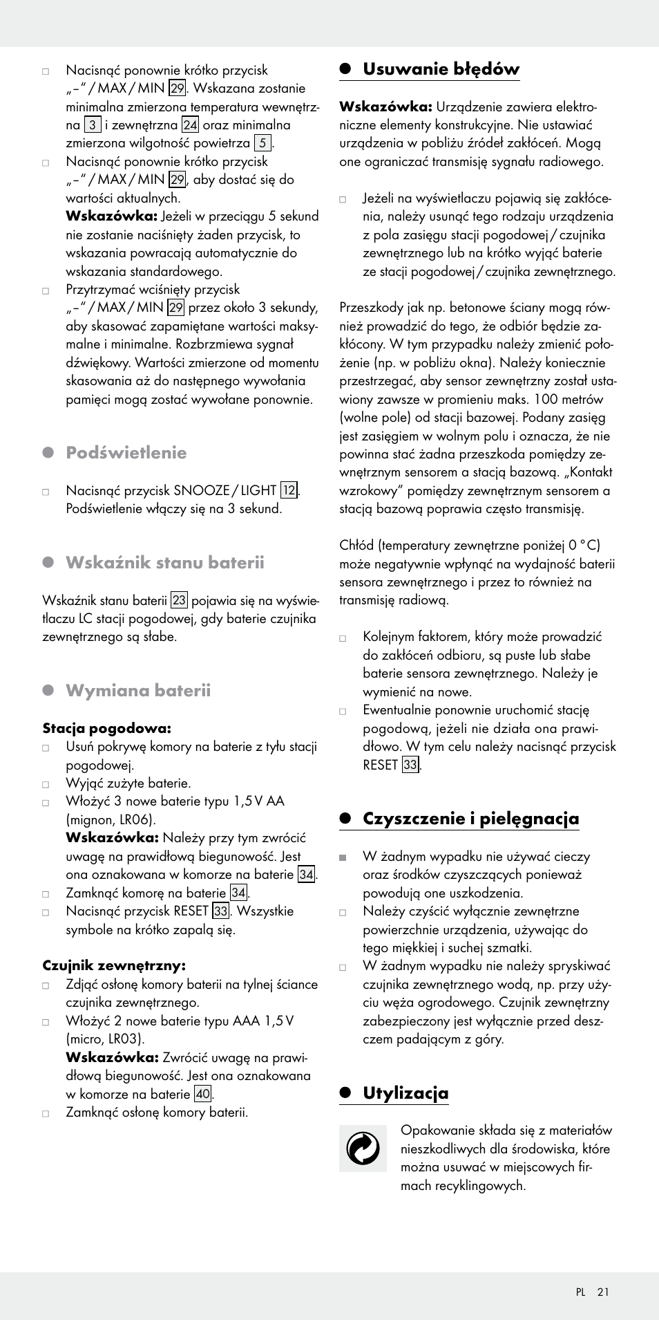 Podświetlenie, Wskaźnik stanu baterii, Wymiana baterii | Usuwanie błędów, Czyszczenie i pielęgnacja, Utylizacja | Auriol Z31092 User Manual | Page 21 / 71