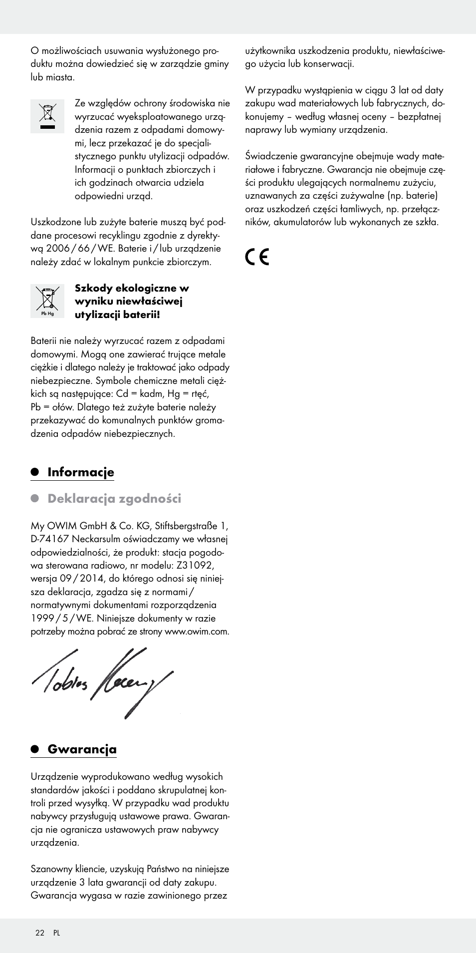 Informacje deklaracja zgodności, Gwarancja | Auriol Z31092 User Manual | Page 22 / 71