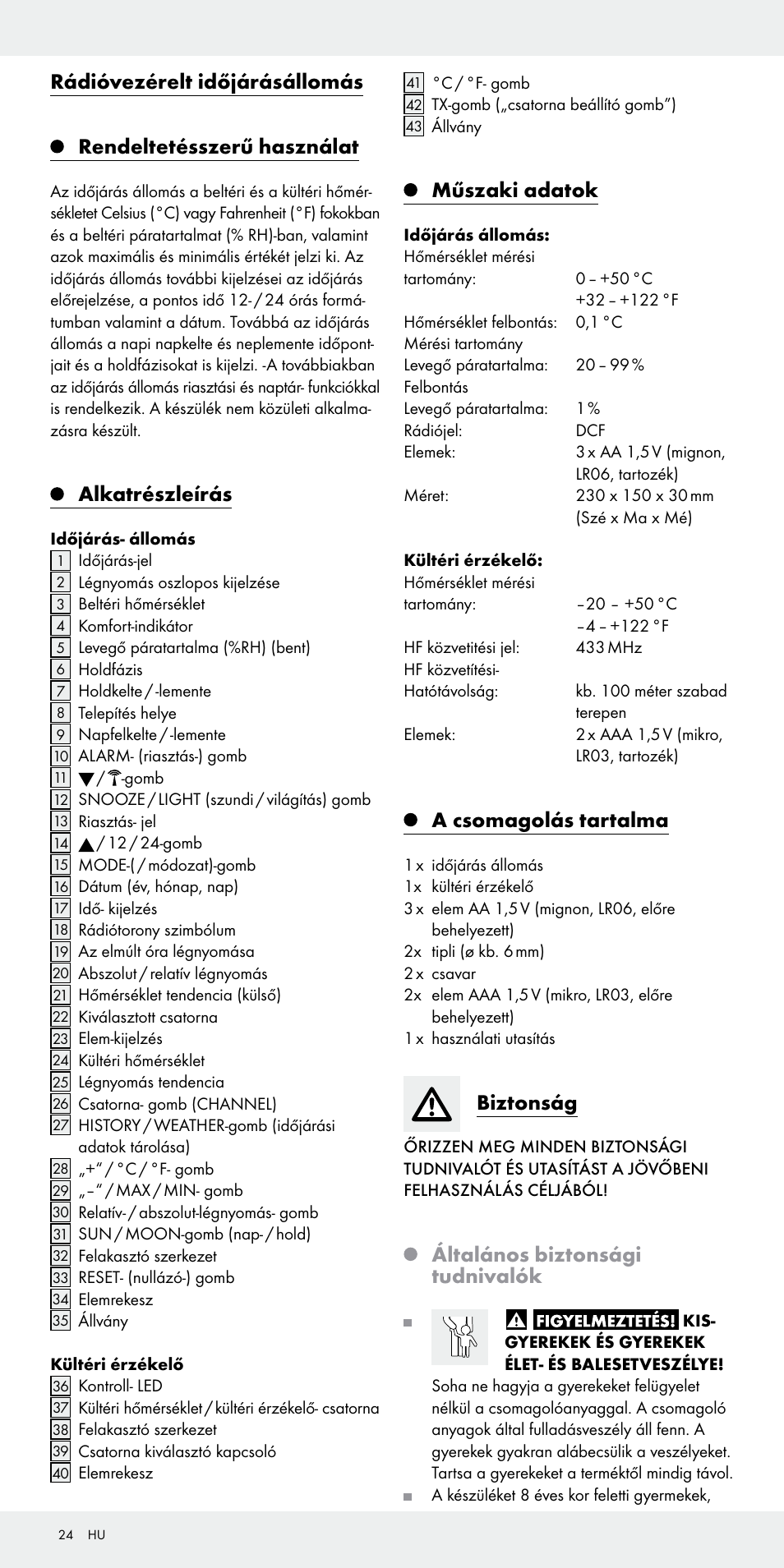 Alkatrészleírás, Műszaki adatok, A csomagolás tartalma | Biztonság, Általános biztonsági tudnivalók | Auriol Z31092 User Manual | Page 24 / 71