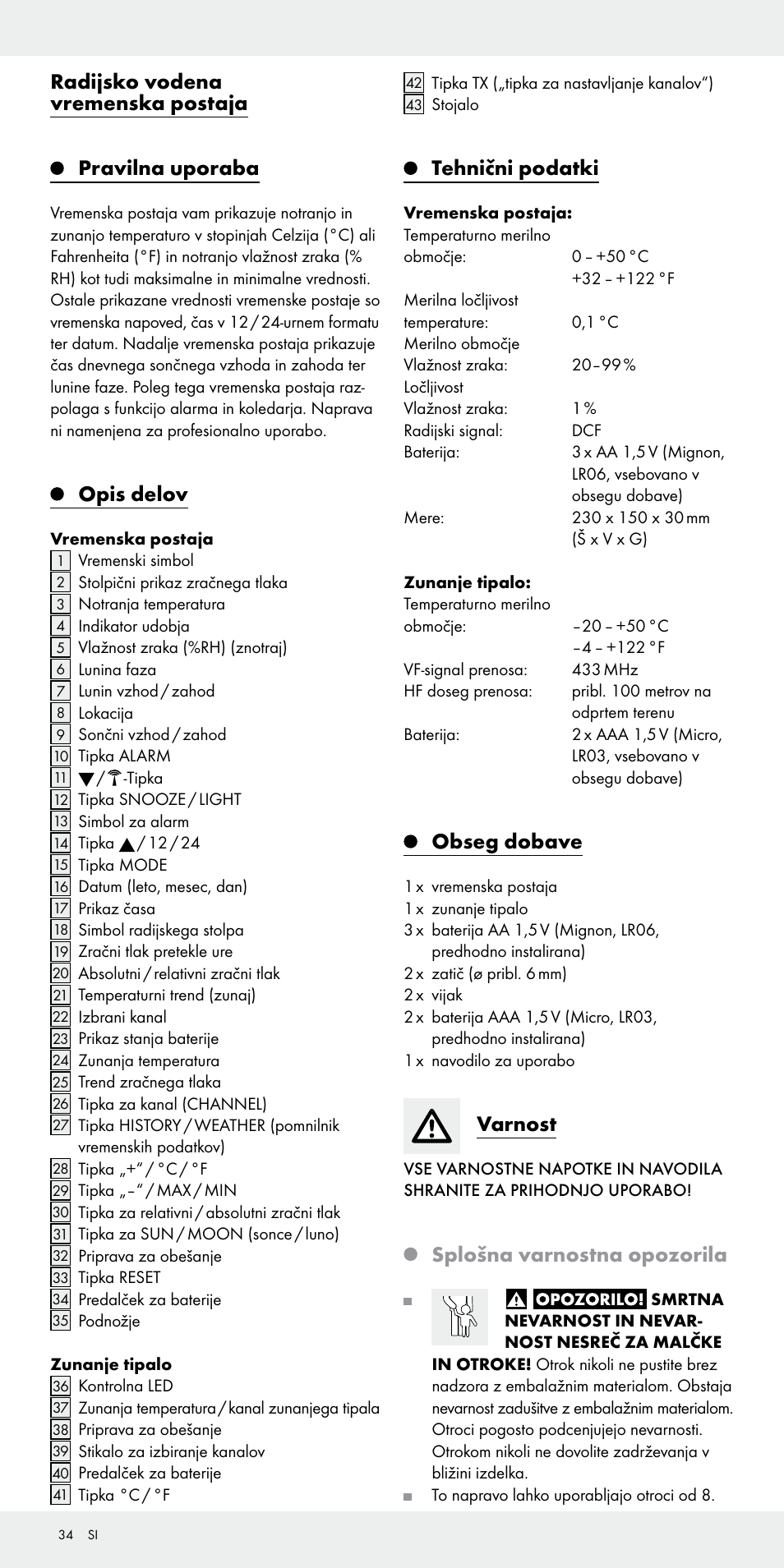 Radijsko vodena vremenska postaja pravilna uporaba, Opis delov, Tehnični podatki | Obseg dobave, Varnost, Splošna varnostna opozorila | Auriol Z31092 User Manual | Page 34 / 71