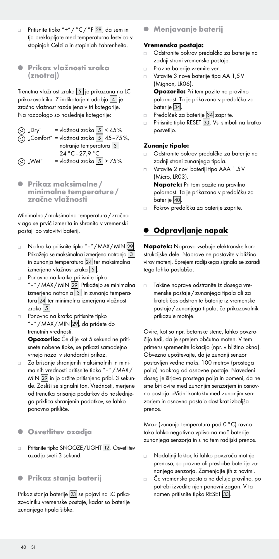 Prikaz vlažnosti zraka (znotraj), Osvetlitev ozadja, Prikaz stanja baterij | Menjavanje baterij, Odpravljanje napak | Auriol Z31092 User Manual | Page 40 / 71