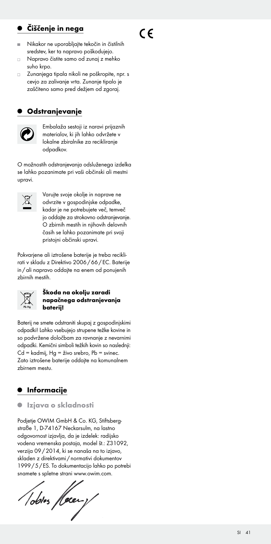 Čiščenje in nega, Odstranjevanje, Informacije izjava o skladnosti | Auriol Z31092 User Manual | Page 41 / 71