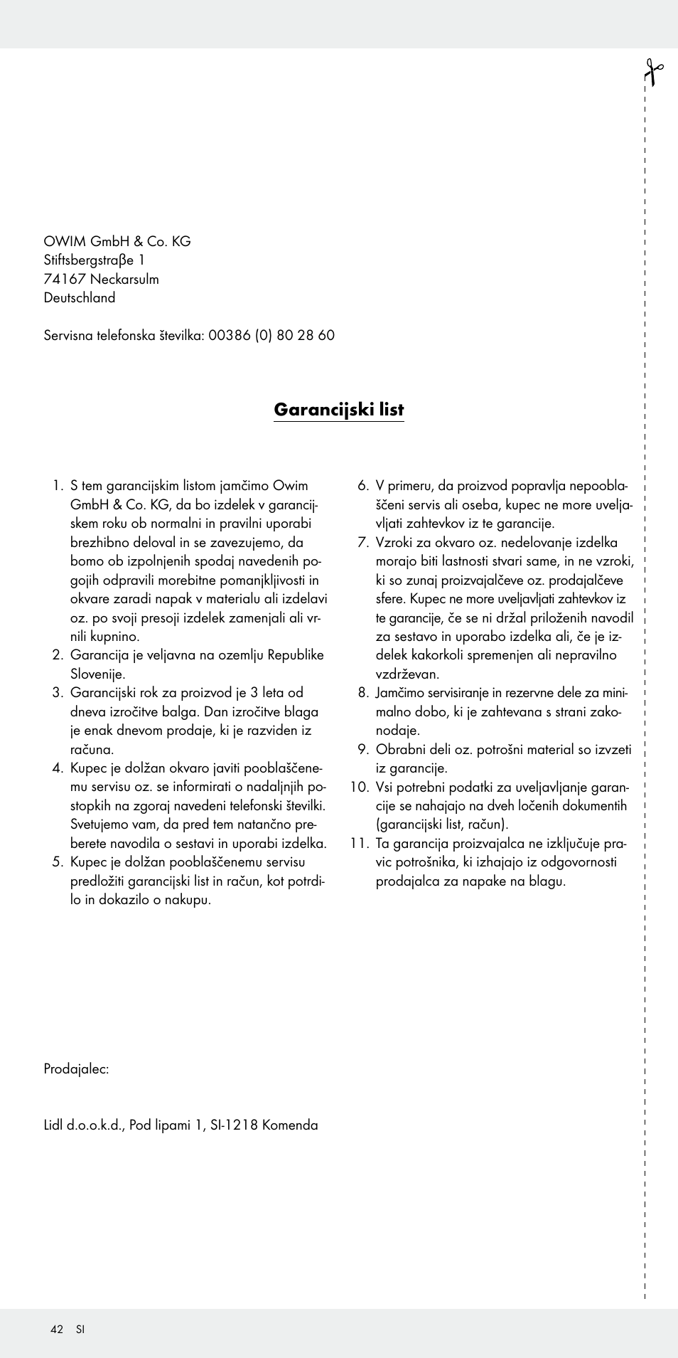 Garancijski list | Auriol Z31092 User Manual | Page 42 / 71