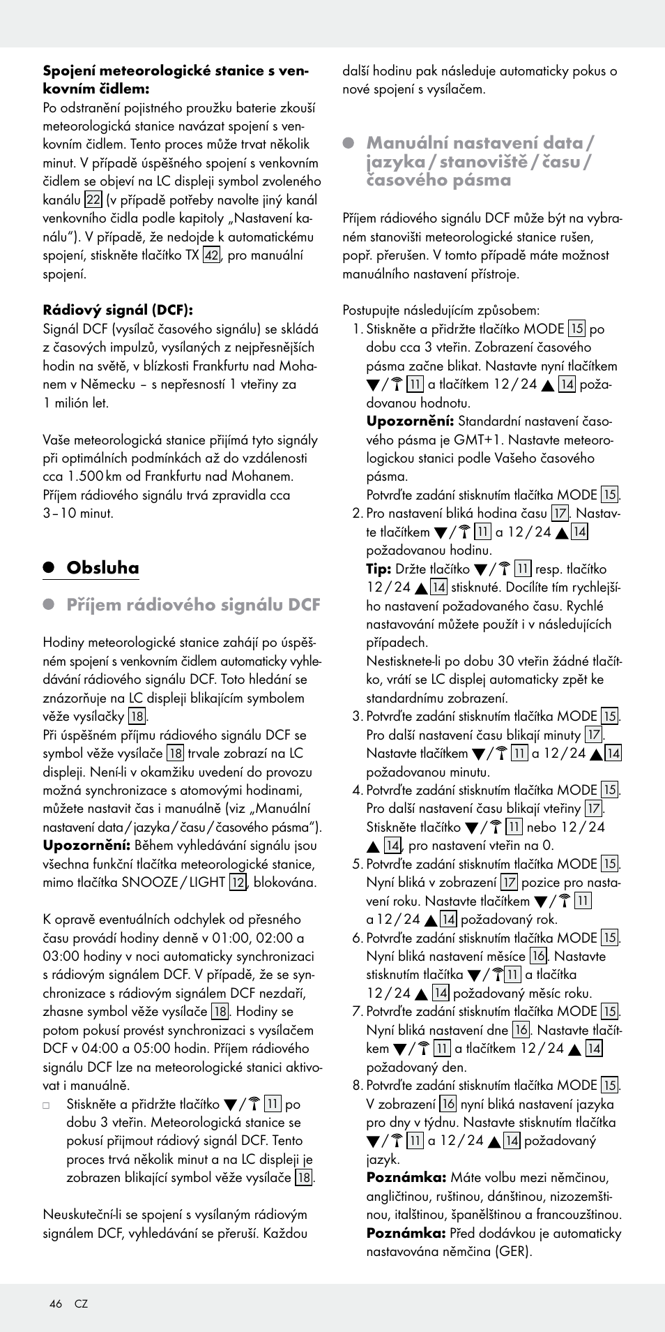 Obsluha, Příjem rádiového signálu dcf | Auriol Z31092 User Manual | Page 46 / 71