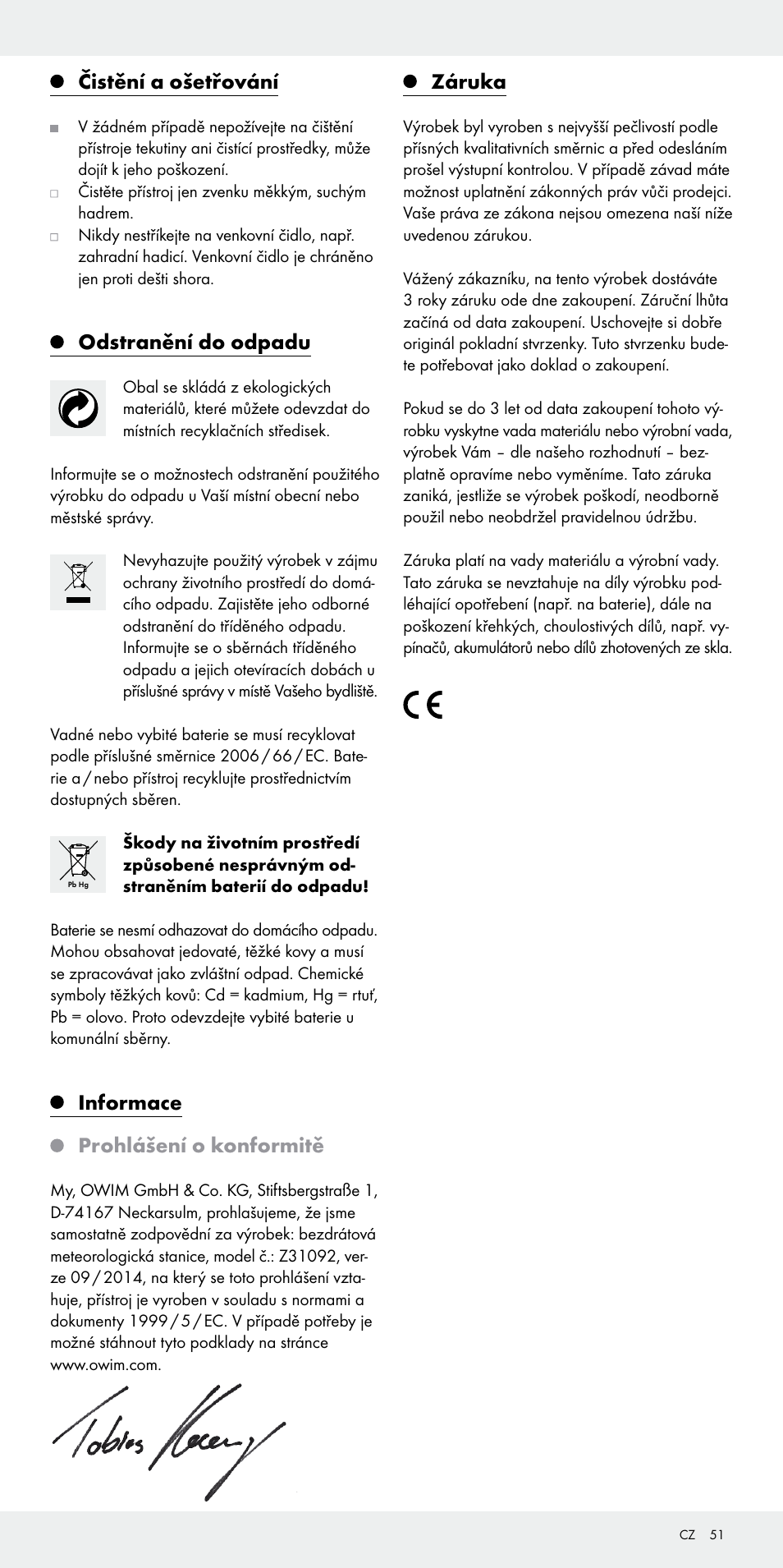 Čistění a ošetřování, Odstranění do odpadu, Informace prohlášení o konformitě | Záruka | Auriol Z31092 User Manual | Page 51 / 71
