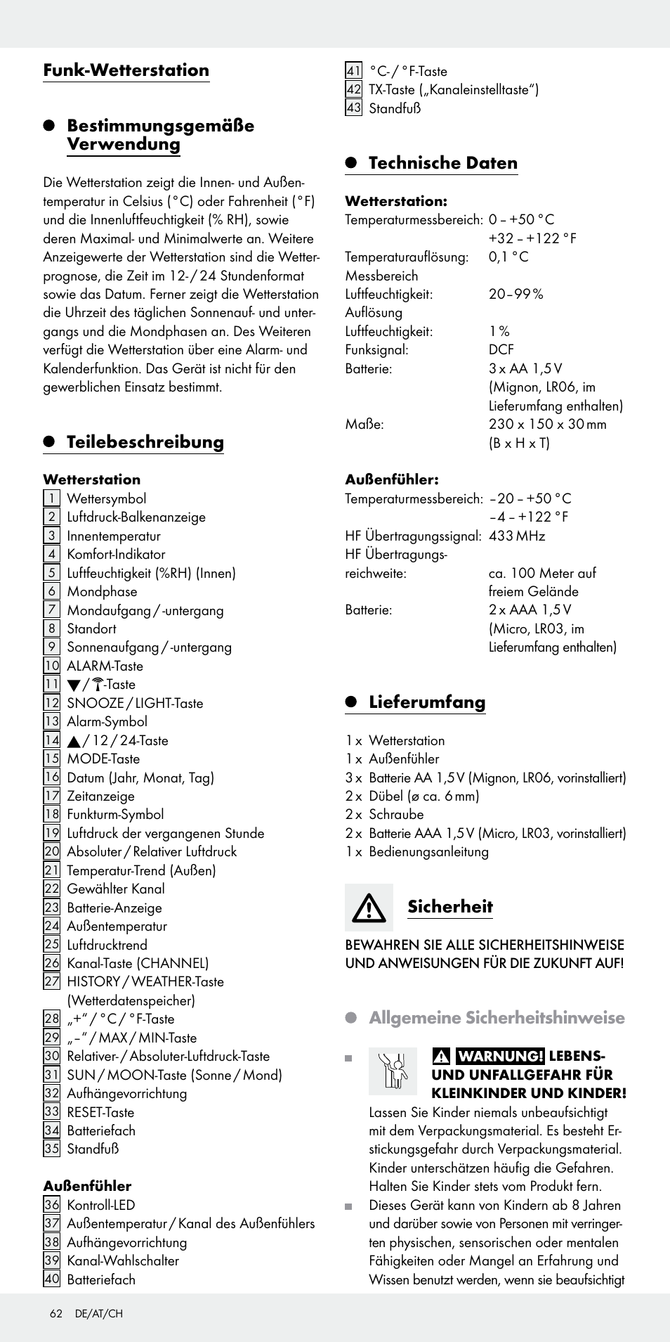 Funk-wetterstation bestimmungsgemäße verwendung, Teilebeschreibung, Technische daten | Lieferumfang, Sicherheit, Allgemeine sicherheitshinweise | Auriol Z31092 User Manual | Page 62 / 71