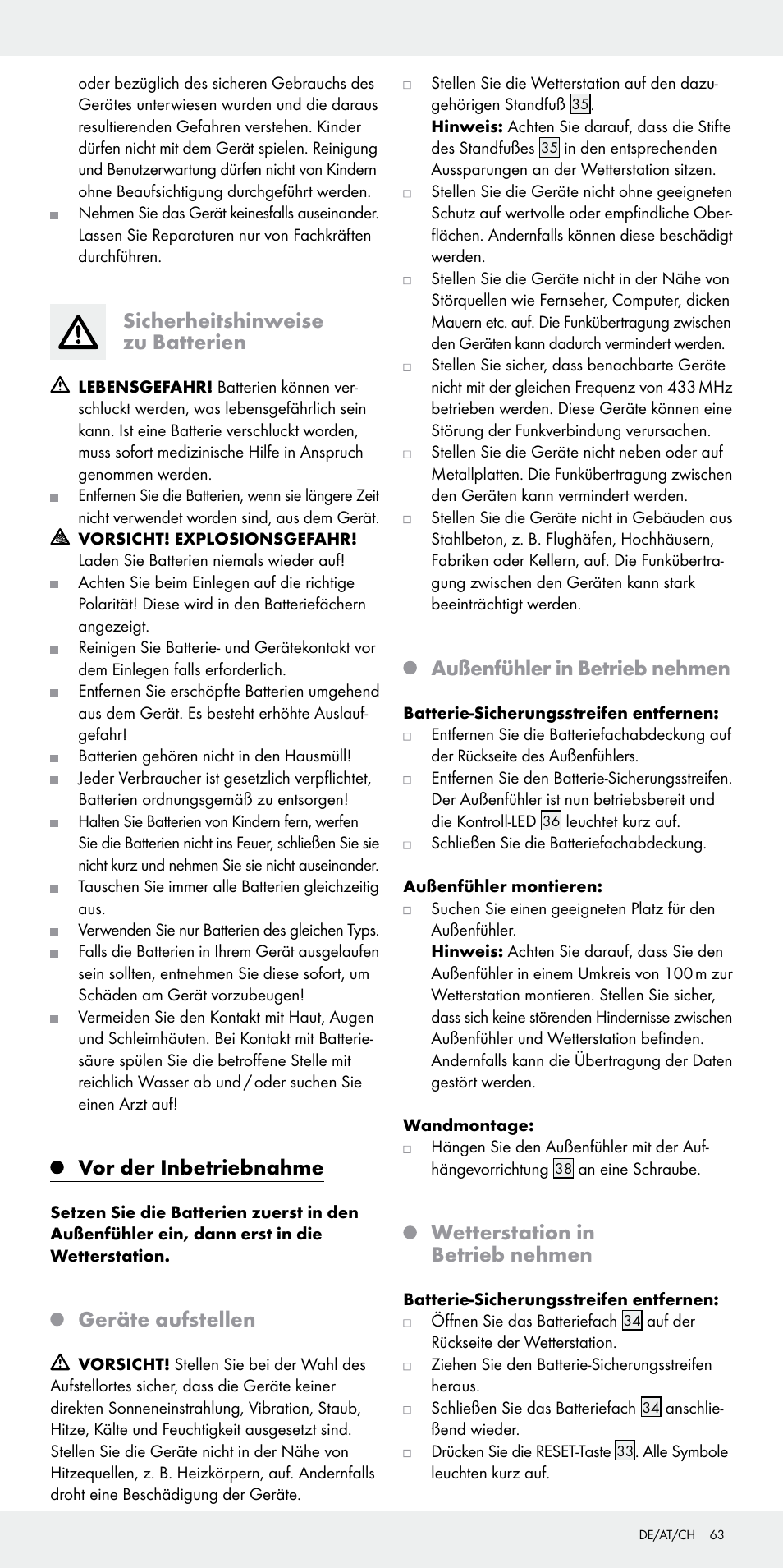 Sicherheitshinweise zu batterien, Vor der inbetriebnahme, Geräte aufstellen | Außenfühler in betrieb nehmen, Wetterstation in betrieb nehmen | Auriol Z31092 User Manual | Page 63 / 71