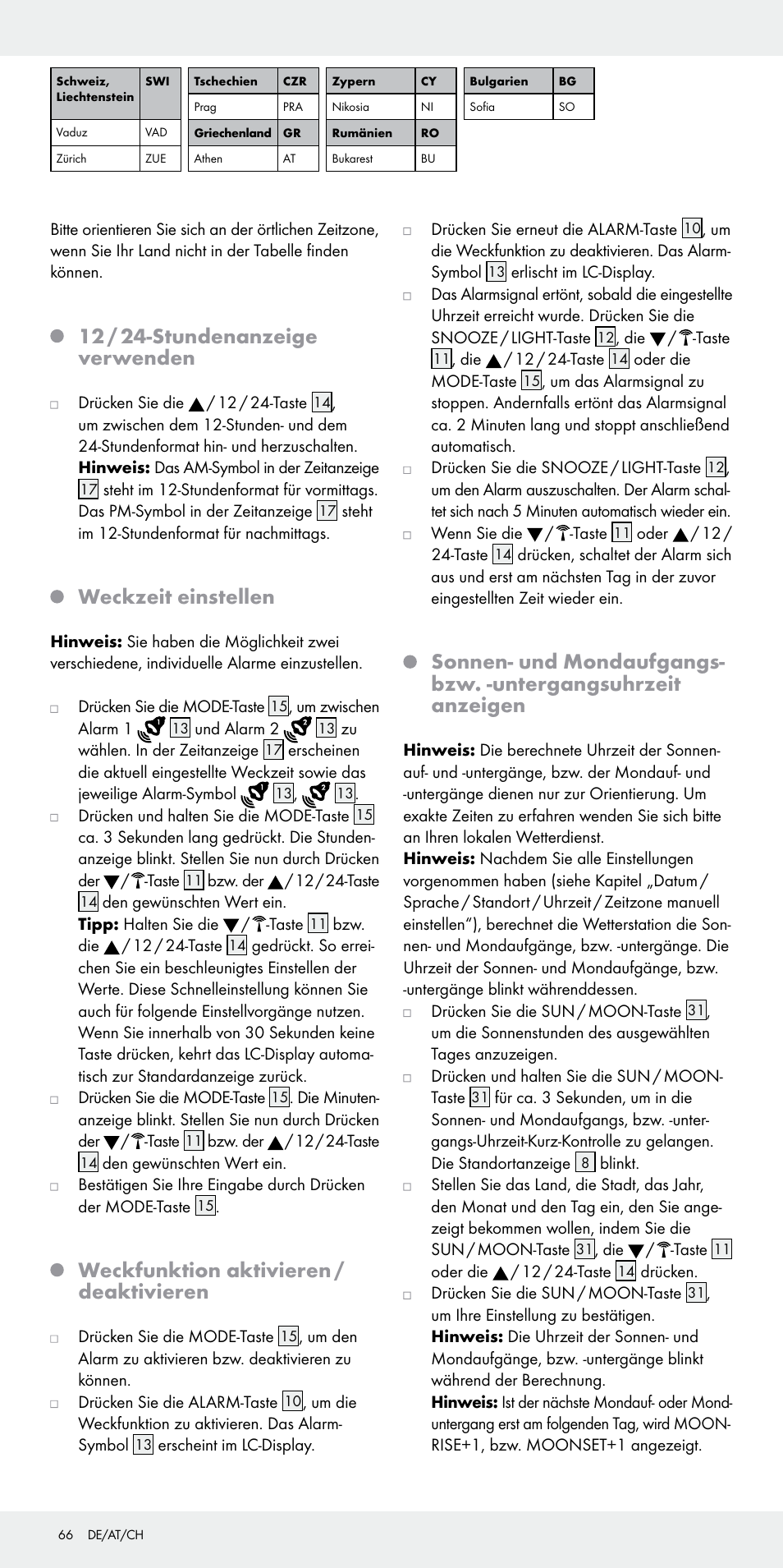 12 / 24-stundenanzeige verwenden, Weckzeit einstellen, Weckfunktion aktivieren / deaktivieren | Auriol Z31092 User Manual | Page 66 / 71